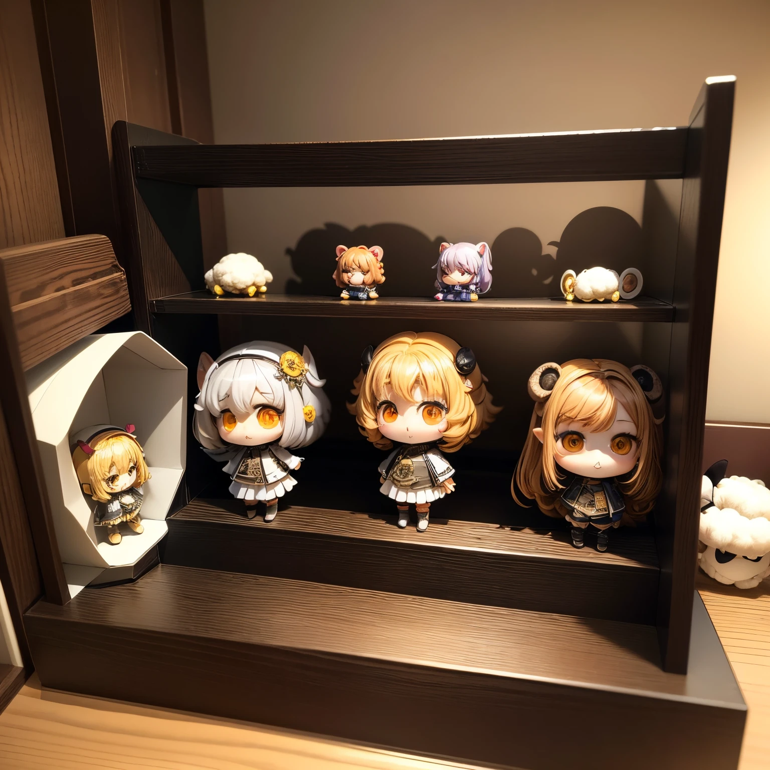 masterpiece、top-quality、ultra-detailliert、(Chibi Chara's Daughter:1.2)、Sheep's ears、yellow wraith、stuffed sheep on display shelf、a smile、Full-body standing figure、childs room、女の子1人