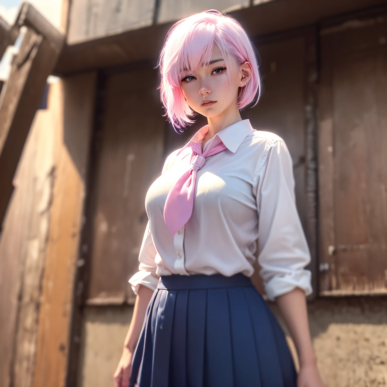 8k, masterpiece, best quality, realistic, higly detailed, cowboy shot, 1girl, solo, Ichika Nakano, young girl, very short hair with a single long strand on the right side, white-pink hair, a single earring, dark blue eyes, average height, well-endowed figure, large breasts, cute, School Uniform