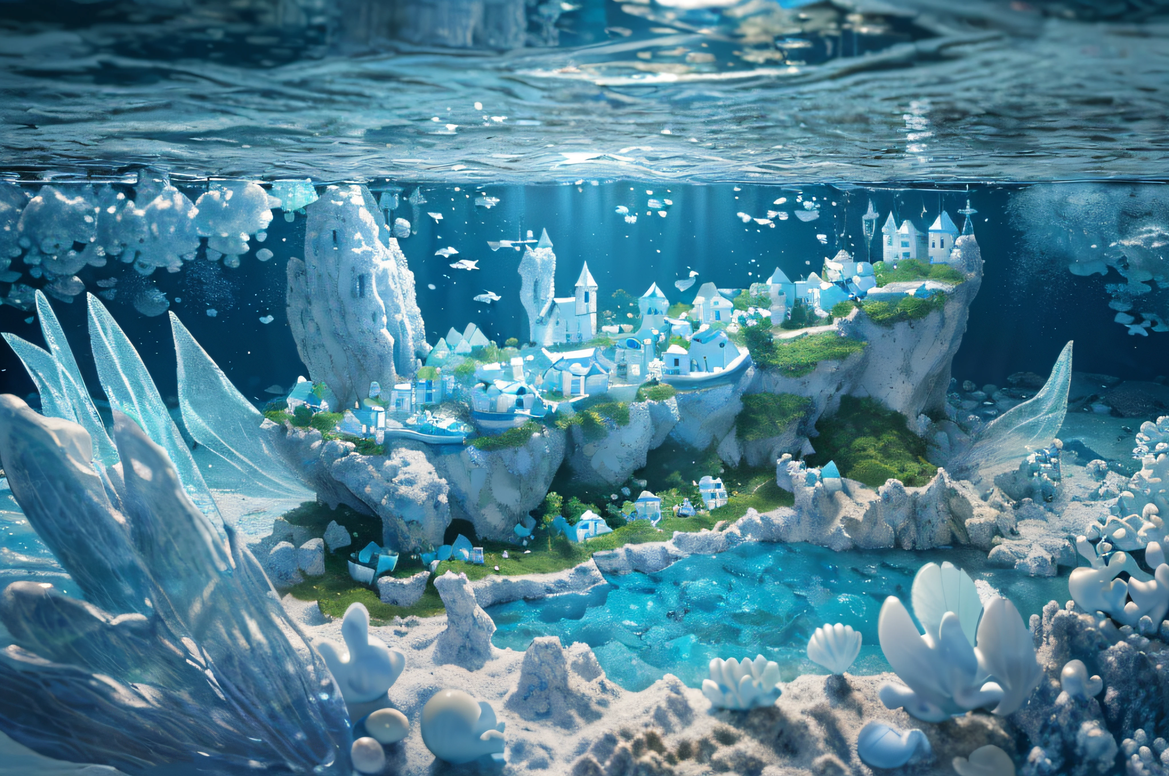 (Best quality at best,4K,8K,A high resolution,tmasterpiece:1.2),ultra - detailed,super complex,(((Undersea boat-shaped fairy tale village,Soft blue and white))),decorative shells,crystal-clear water,sparkling reflections,tranquil ambiance,(stunning sea view,secluded seabed,kids playing),The microscopic landscape super spectacular and shocking