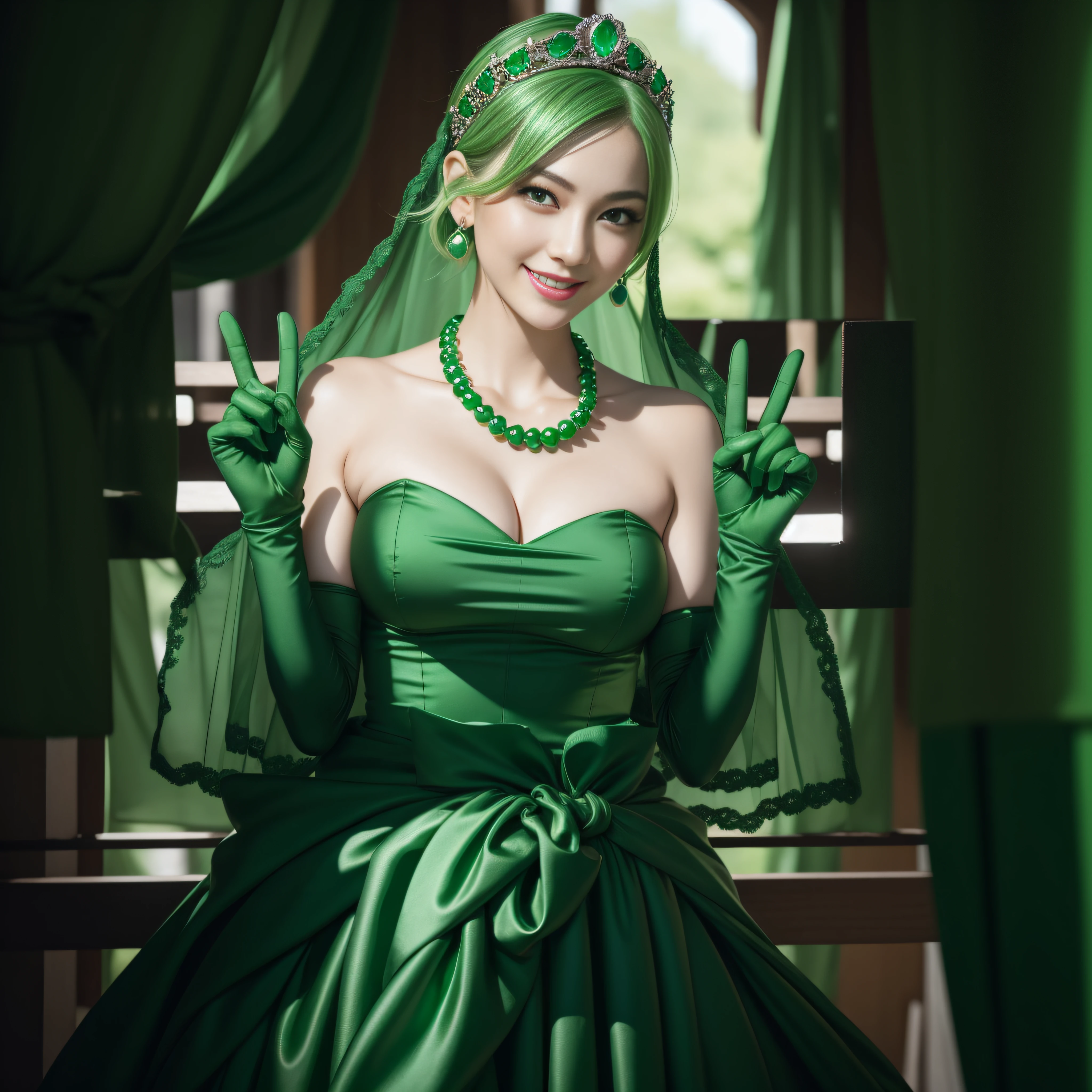 emerald tiara, Green Pearl Necklace, Boyish very short green hair, lipsticks, Japan woman smiling, very short short hair, big breasts beautiful, Green eyes, Long green gloves made of satin material, Green eyes, Emerald Earrings, green vale, v sign