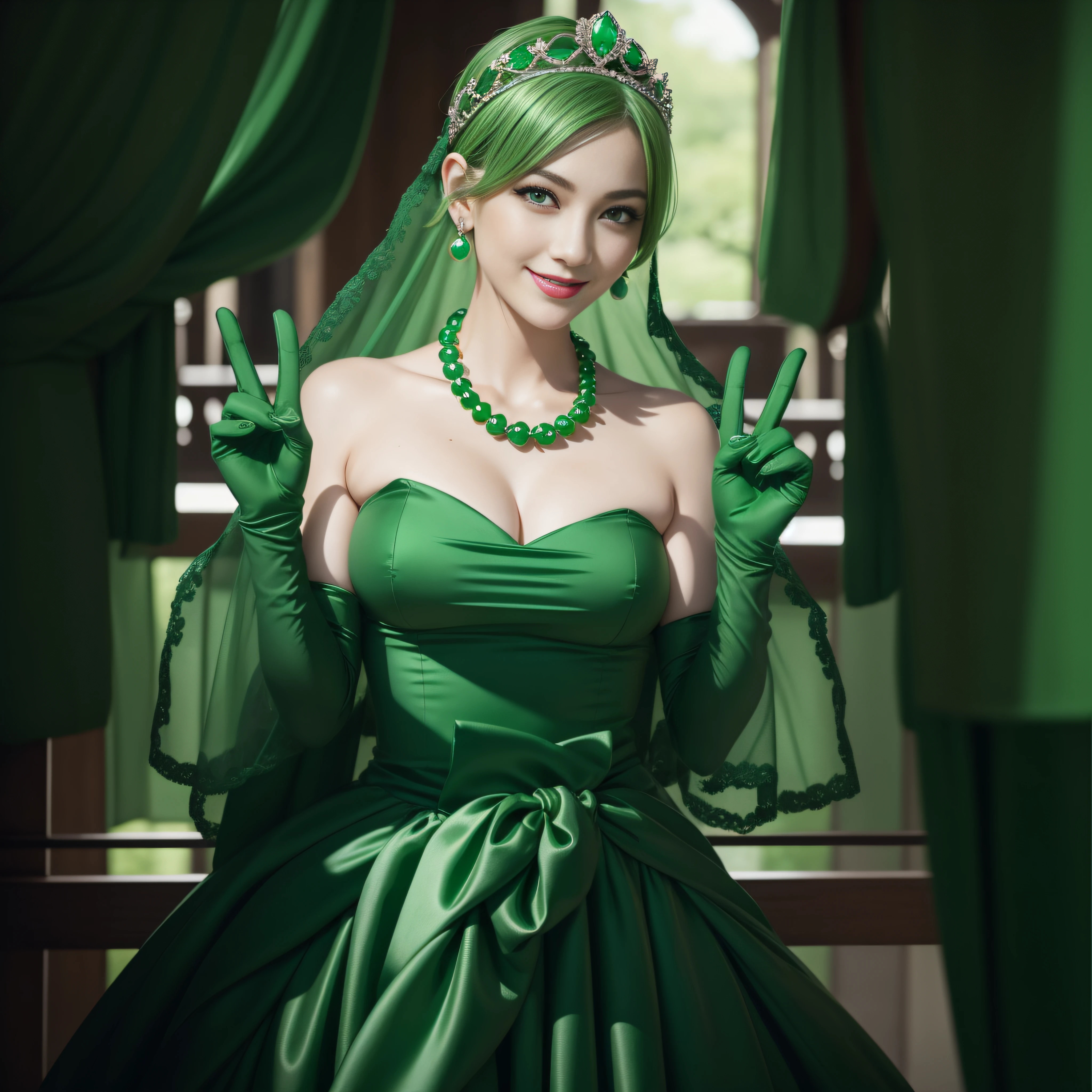 emerald tiara, Green Pearl Necklace, Boyish very short green hair, lipsticks, Japan woman smiling, very short short hair, big breasts beautiful, Green eyes, Long green gloves made of satin material, Green eyes, Emerald Earrings, green vale, v sign