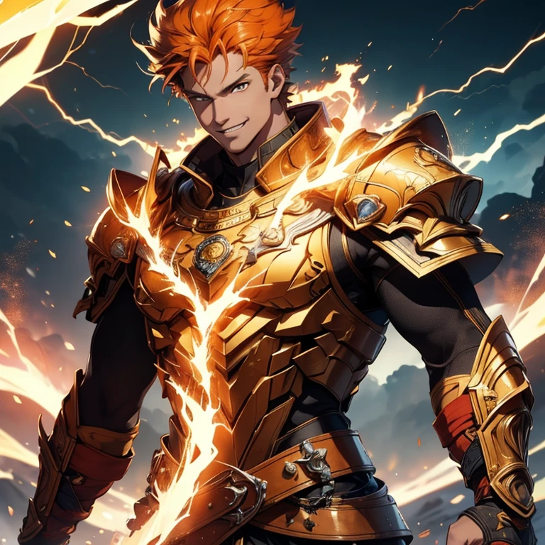 Master piece, 8k, ultra detailed, tall man, strong man, orange hair, confident smile, yellow eyes, vulcanic eruption and blue lightnings on background.