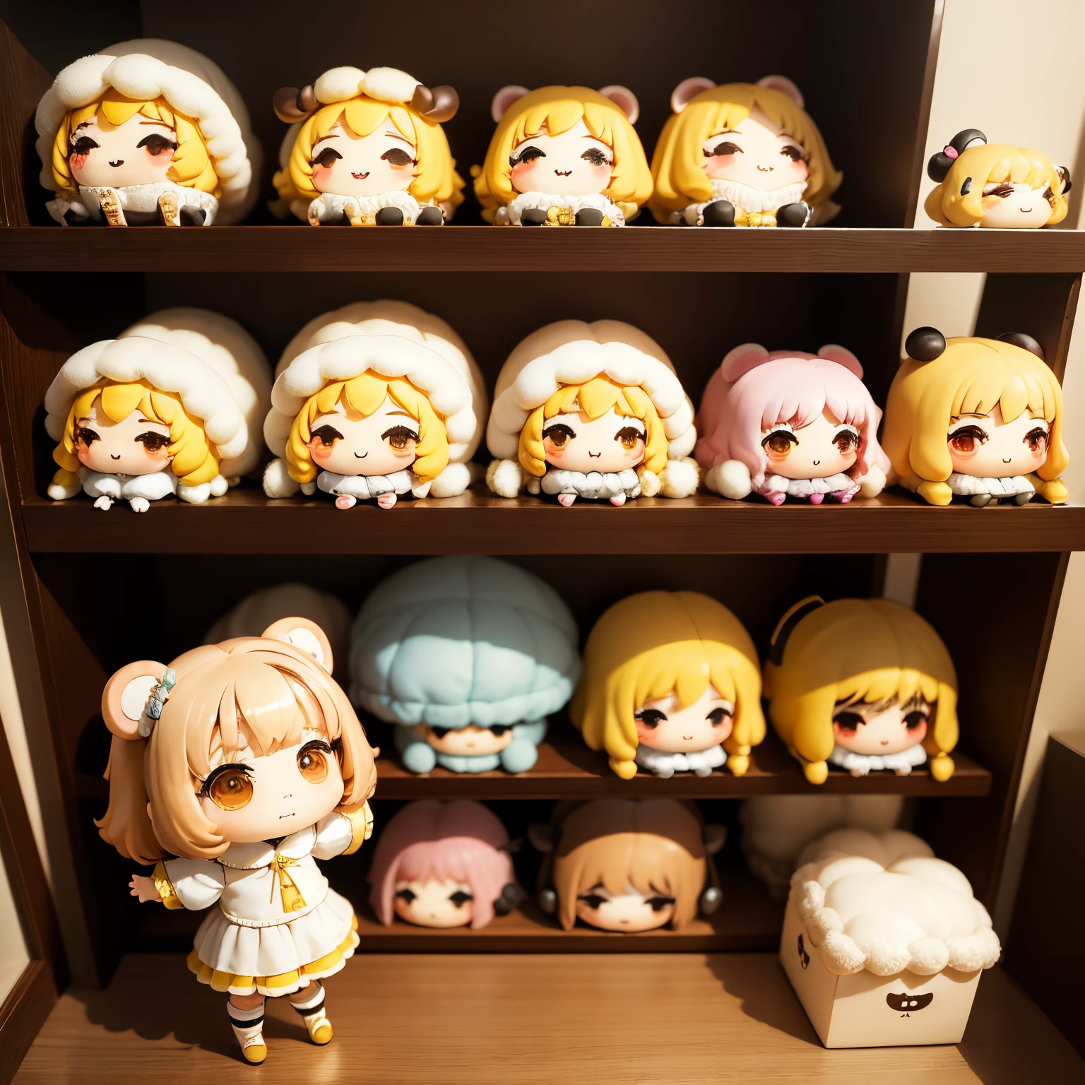 masterpiece、top-quality、ultra-detailliert、(Chibi Chara's Daughter:1.3)Sheep's ears、yellow ghost、stuffed sheep on display shelf、A smile、Full-body standing figure、childs room、女の子1人