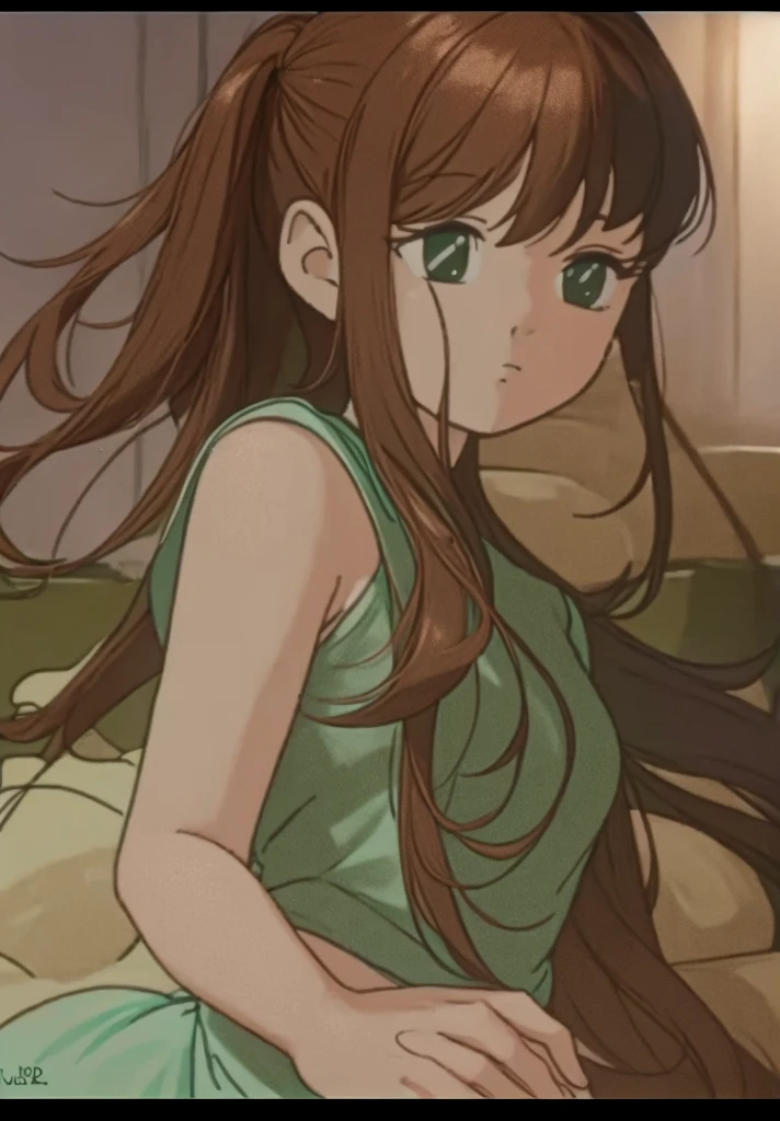 A beautiful woman with long brown hair is standing in green clothes。