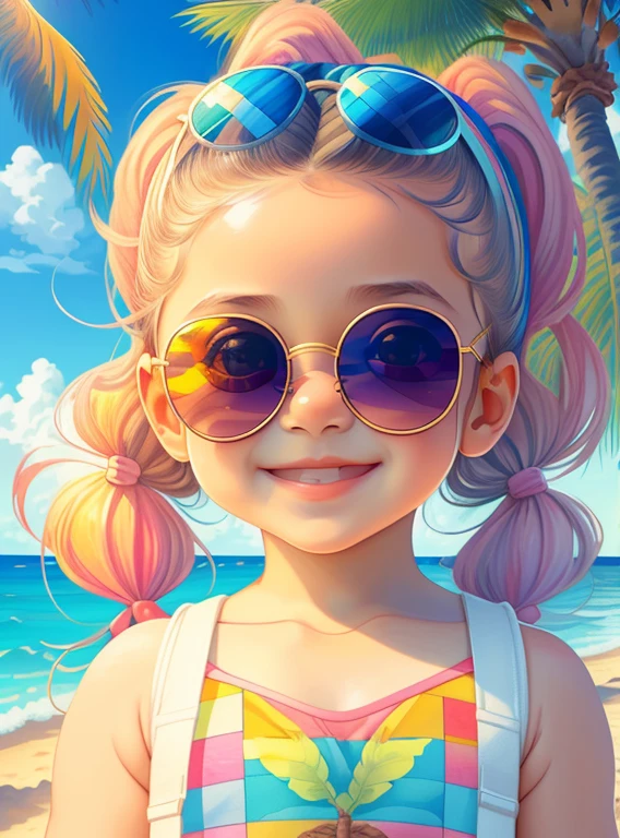 (cute baby girl smiling with sunglasses and ponytails in a beautiful beach with palm trees) Munchkin,Geometric multidimensional wall portrait, livro de arte, Tchibi,
Yang08k, Beautiful, Colouring,
Obras, of the highest quality, best quality, Arte Oficial, Beautiful and Aesthetic,
