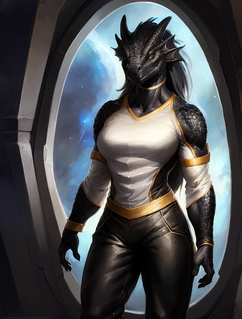 Dragon girl, big chest, day, sexy, sensual, detailed, uploaded to e621, beautiful and detailed portrait of an powerful anthropomorphic dragon ((female))) kenket, ross tran, ruan jia, uploaded to e621, zaush, foxovh, scalie, silver scalie, standing, open legs, long hair, muscular, large breats, epic realism, Black skin, Large neckline, (masterpiece, best quality:1.2), choker, tunic, black cloak, formal, White suit, muscular female, Shirt, suit, ((dark scales)), Black scales, Defense armband, solo, ((muscular)), veins, strong, veins, abs, frowning, Leather pants, space, spaceship, window, spacesuit