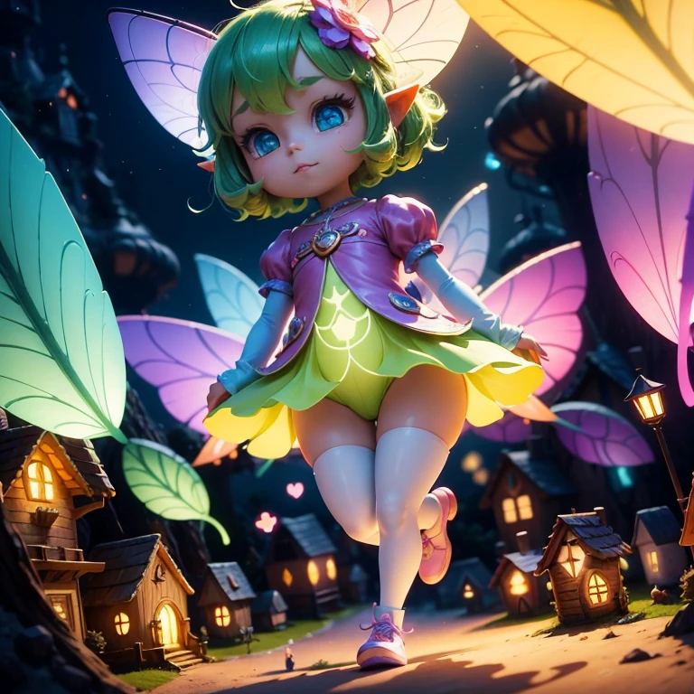 Main subject: A close up of a bunch full body flying fairies, in a Fairy Village. Details: Cute colorful, digital painting, cute detailed digital art, hyper colorful, cute digital art, beeple colors, colorful hd picure, beeple and jeremiah ketner, glowing lights! digital painting, cute 3 d render