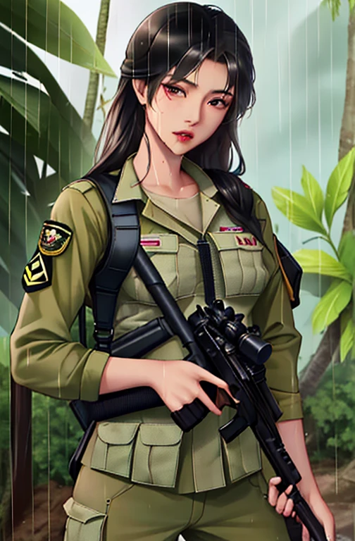 1girl, Filipina soldier girl, 3, beautiful face, matur, tanned bronze skin, sexy, smalleast,(b cup)ier sexy, torn military dier outfit,full body wet water,in jungle,long black wet hair,rain, heavy rain, hold a gun, sniper, pistol ,and bag military, soldier girl a shot