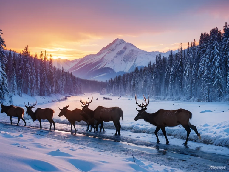 ((tmasterpiece)), Best quality at best, (8K, Best quality at best, tmasterpiece: 1.2), ultra - detailed, A herd of elk walks along the river in the valley.