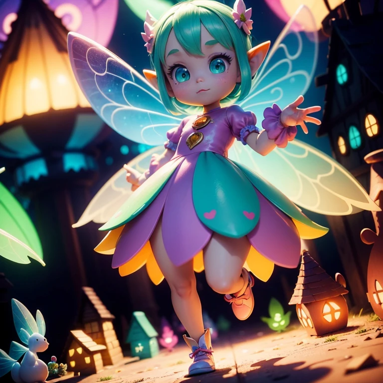 Main subject: A close up of a bunch full body flying fairies, in a Fairy Village. Details: Cute colorful, digital painting, cute detailed digital art, hyper colorful, cute digital art, beeple colors, colorful hd picure, beeple and jeremiah ketner, glowing lights! digital painting, cute 3 d render