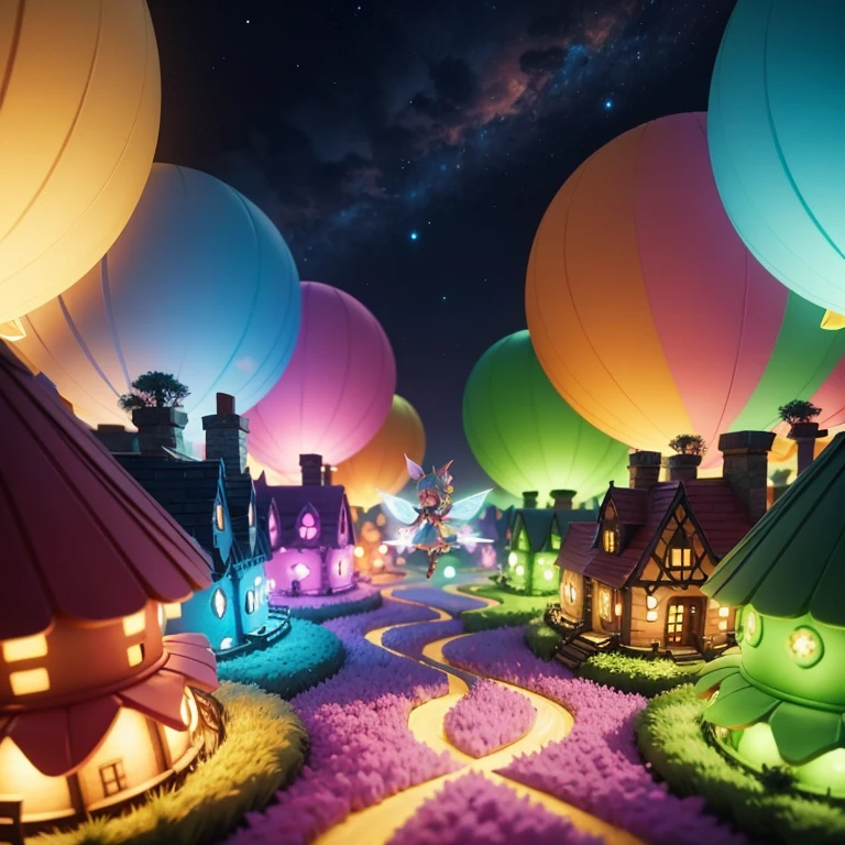 Main subject: A close up of a bunch full body flying fairies, in a Fairy Village. Details: Cute colorful, digital painting, cute detailed digital art, hyper colorful, cute digital art, beeple colors, colorful hd picure, beeple and jeremiah ketner, glowing lights! digital painting, cute 3 d render