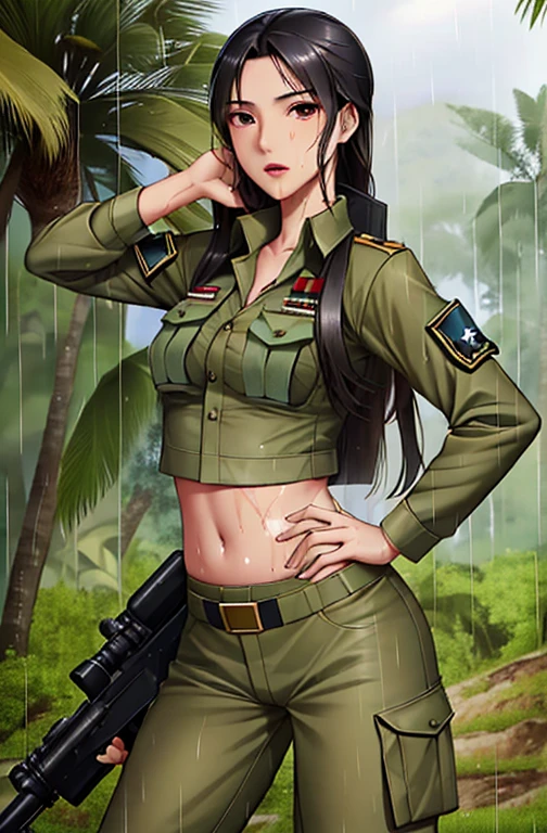 1girl, Filipina soldier girl, age 23, beautiful face, mature face, tanned bronze skin, sexy, small breast,(b cup), soldier sexy, torn military soldier outfit,full body wet water,in jungle,long black wet hair,rain, heavy rain, hold a gun, sniper, pistol ,and bag military, soldier girl, fully body shot
