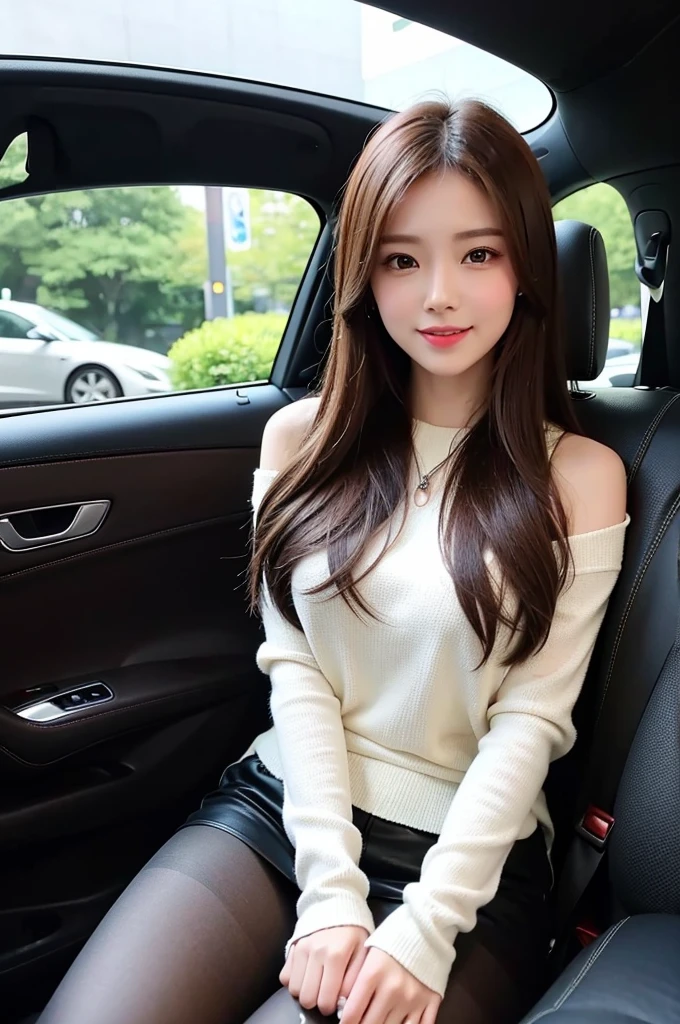 The most beautiful woman working as a club hostess in Ginza、with shiny brown hair、driving a white luxury sports car、For casual clothes、wearing black pantyhose、enjoying the drive、Very enchanting.。She's full of confidence々Smiled at.、toward to the camera。her fashion and expressions、The perfect balance of cuteness and elegance、draw the viewer in、'Don't let go.。Throughout this scene、express her charm to the fullest