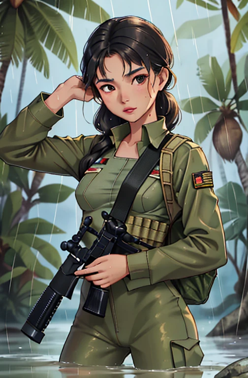1girl, Filipina soldier girl, age 23, beautiful face, mature face, tanned bronze skin, sexy, small breast,(b cup), soldier sexy, torn military soldier outfit,full body wet water,in jungle,long black wet hair,rain, heavy rain, hold a gun, sniper, pistol ,and bag military, soldier girl, fully body shot