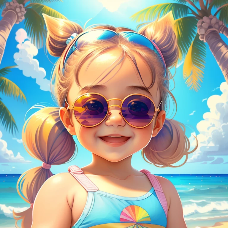 (cute baby girl smiling with sunglasses and ponytails playing in a beautiful beach with palm trees) Munchkin,,Geometric multidimensional wall portrait, livro de arte, Tchibi,
Yang08k, Beautiful, Colouring,
Obras, of the highest quality, best quality, Arte Oficial, Beautiful and Aesthetic,