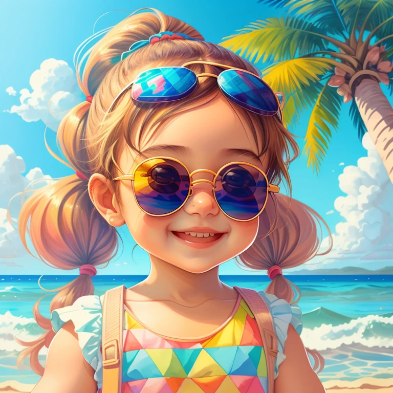 (cute baby girl smiling with sunglasses and ponytails playing in a beautiful beach with palm trees) Munchkin,,Geometric multidimensional wall portrait, livro de arte, Tchibi,
Yang08k, Beautiful, Colouring,
Obras, of the highest quality, best quality, Arte Oficial, Beautiful and Aesthetic,