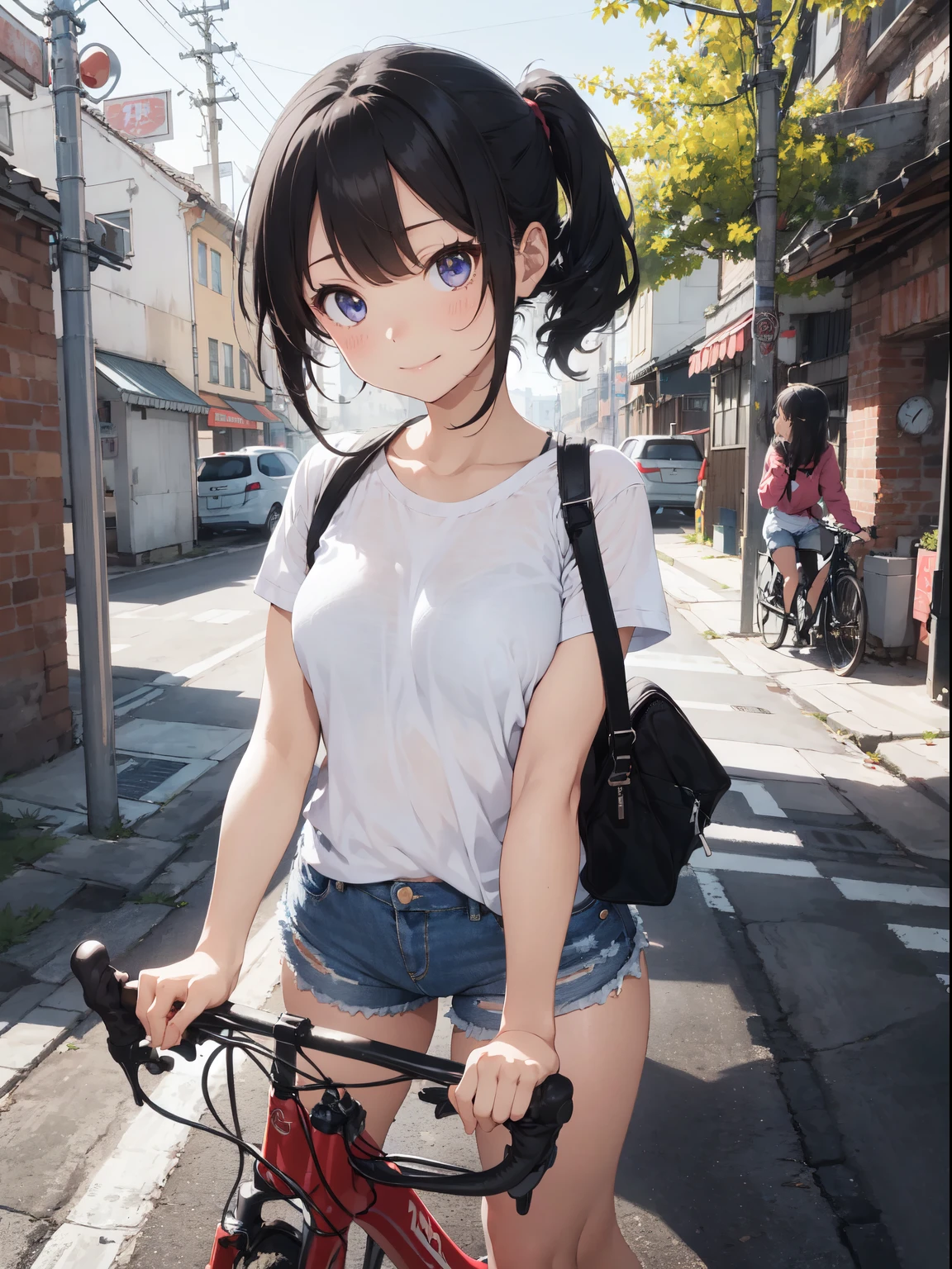 highres, masterpiece, perfect ligthing, bloom, cinematic lighting, adult, mature, perfect skin, female, looking at viewer, (RSEEmma:1.3),blue eyes, parted bangs, blue hair, very long hair, long braided, dildo on bike, (bike:1.2), riding, perfect ass, booty, streets, city, from below, vagina, (dildo:1.22), creampie, dripping, sex, smile, car, trafic, black skirt, shirt, smile, (blush:1.0)、(Realistic small breasts:2.0)、(nude:1.4、Naked:1.4、vaginal:1.4)、(iuuiahegao:1.4、Tears:1.4、Chained、Saliva、tongue、tongue_out:1.4、Tongue out:1.4、Yor、Ahegao、red blush、Rolling eyes、put out the tongue、A detailed eye、二重まぶた、thin cheeks、 shinny skin、shiny small neck、shiny lip、lighting on the face)