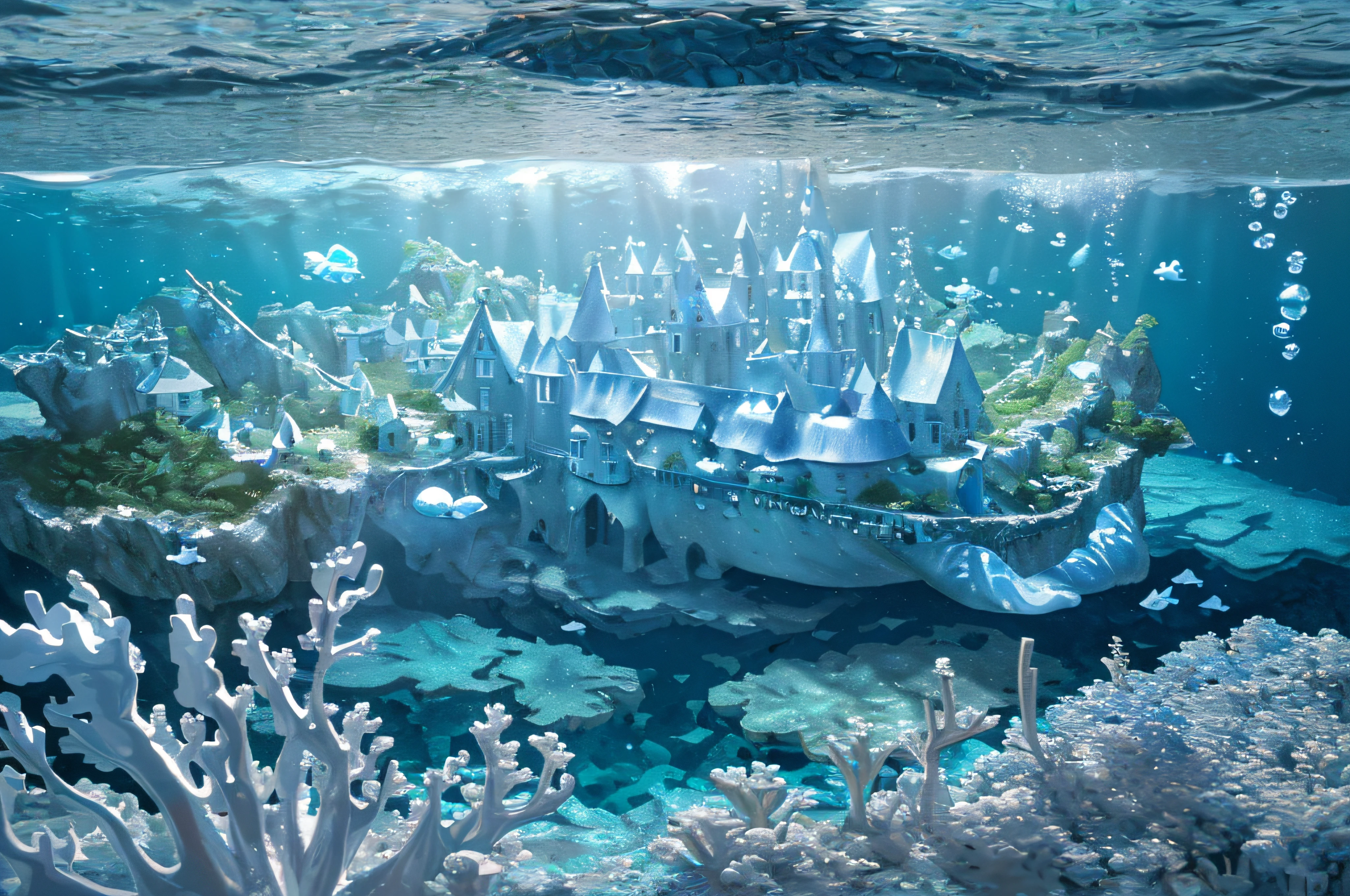 (Best quality,4K,8K,A high resolution,tmasterpiece:1.2),ultra - detailed,super complex,(((Undersea boat-shaped fairy tale village,Soft blue and white))),decorative shells,crystal-clear water,sparkling reflections,tranquil ambiance,(stunning sea view,secluded seabed,kids playing),The microscopic landscape super spectacular and shocking