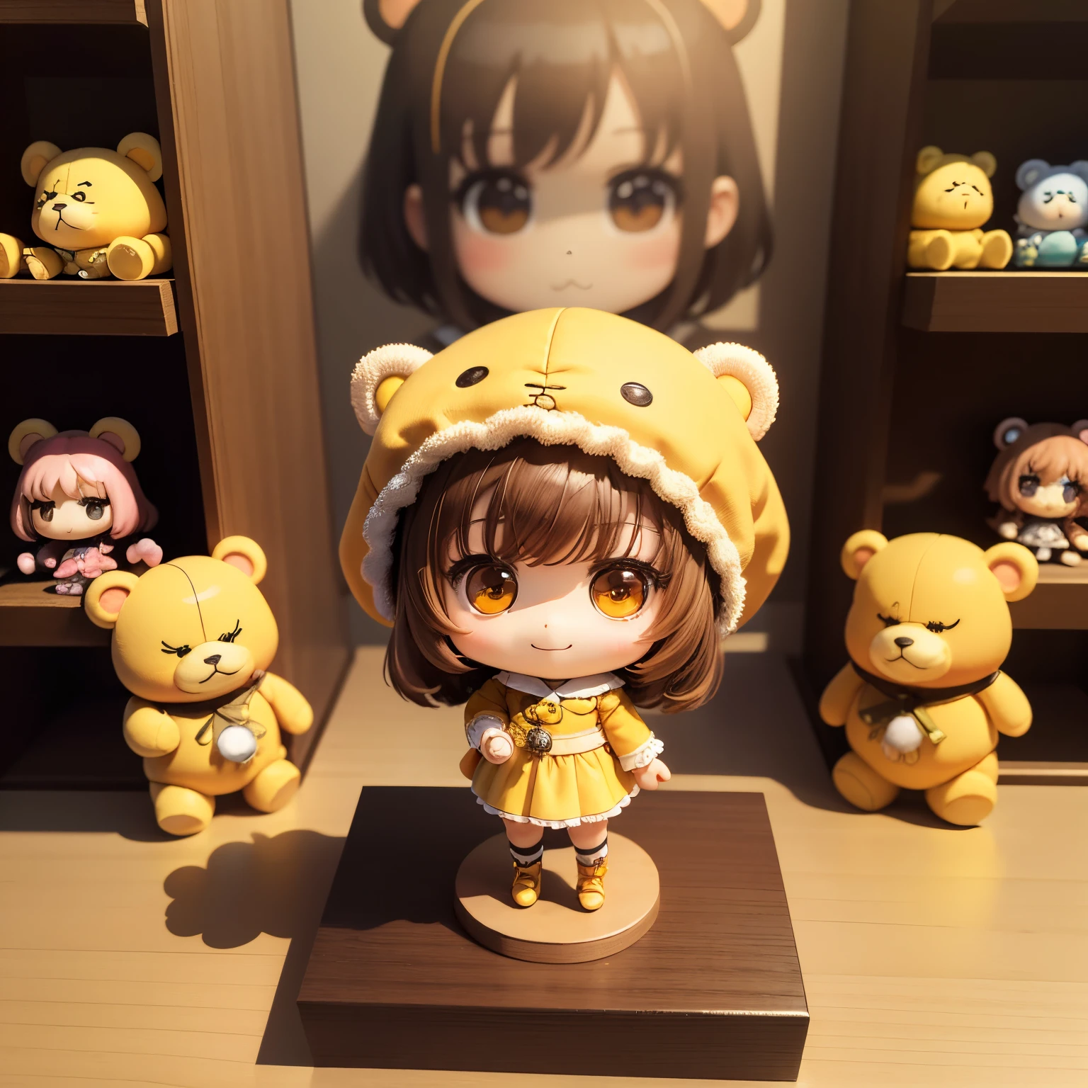 masterpiece、top-quality、ultra-detailliert、(Chibi Chara's Daughter:1.3)、1 girl with bear ears、yellow ghost、teddy bear on display shelf、A smile、Full-body standing figure、childs room、