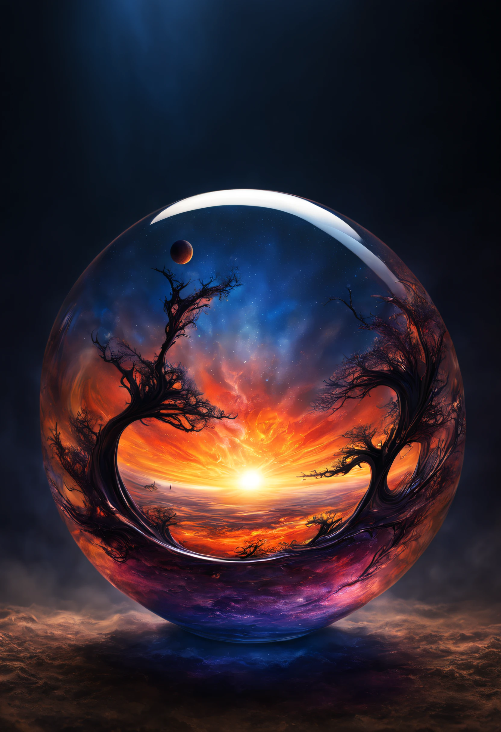 a magnificent sunset on a strange and mysterious alien glass style planete. It's very textured and detailed with dreaming lot of whirlwind and dreaming dust