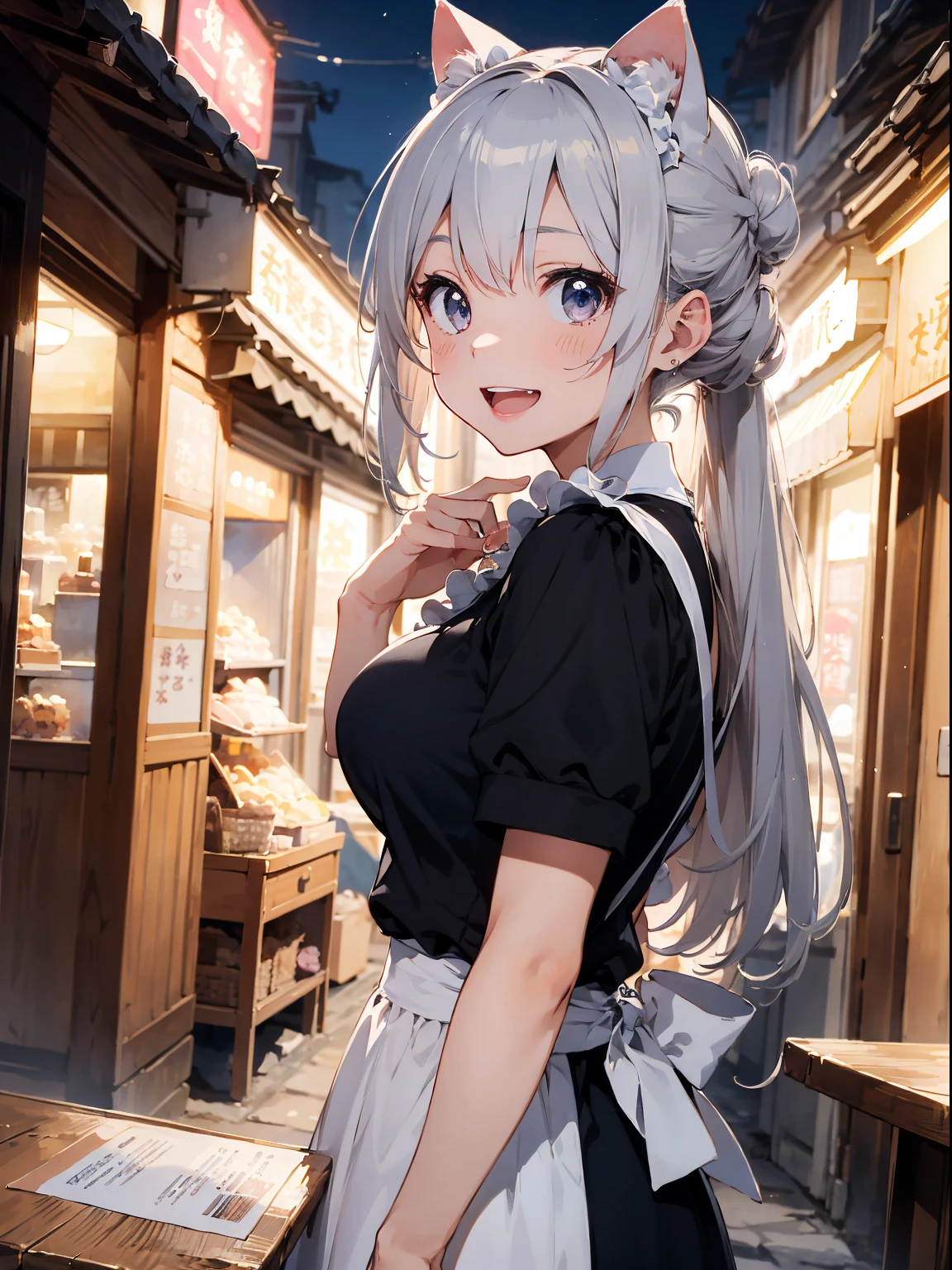 (Cute illustration:1,2),(Absurd realistic structure details),(High resolution complex and detailed text quality),(High-resolution microstructure、High poly 3 boobs boobs boobs boobs boobs boobs D rendering correction),Methods of geometry,Careful explanatory anatomy,
night
BREAK,
1 beautiful girl, 1girl in, (Cute:1.5),(Cool:0.8), (Beauty:1.5),(Chibi:0.5), ( girl), (girl, Older sister, Unclear, Beautiful face of Japan:1.2) BREAK, (A detailed eye,Tsuriformes:1.2),(Silver hair,Long hair in a bun,Deco:1.8), Star eyes silhouette thick eyelashes, Double eyelids:1.2), cleavage, ,Swaying udder, Clear skin, Beautiful skin, Shy, Erect ,Clear skin, Beautiful skin, Shy, gleaming skin,(best quality face),(Top quality glowing eyes),(The best smile,:D:1.45), BREAK (Pink Theme:1.4), (Vivid colors:1.3), A cafe with girls wearing maid outfits and cat ear headbands.,
BREAK,(early evening), Standing,a closed mouth,(architecture, cafes,Cat Maid,The table,shop front,working cat ear maid,Menu table above table:1.55), Waterfall,depth of fields,
BREAK,wakame,wakame,wakame,(Dynamic Angle:1.4),
BREAK,(Blurry background:1.3),(absurderes, hight resolution, Super Detail Art),cel shading,Clear Color, Lonely optical effect, Beautiful pictures, Bright glow, mystic atmosphere,(Close-up of girl:1.1), Mystical light particle effect,manga influence, clean line drawings,