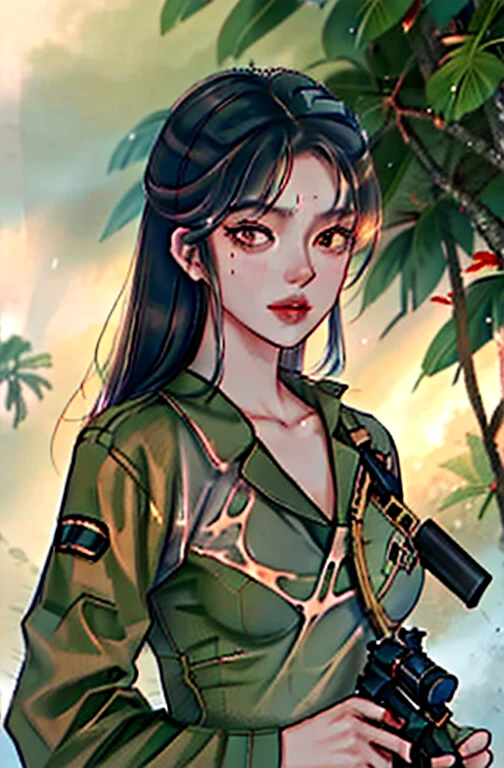 1girl, Filipina soldier girl, age 23, beautiful face, mature face, tanned bronze skin, sexy, small breast,(b cup), soldier sexy, torn military soldier outfit,full body wet water,in jungle,long black wet hair,rain, heavy rain, hold a gun, sniper, pistol ,and bag military, soldier girl, fully body shot