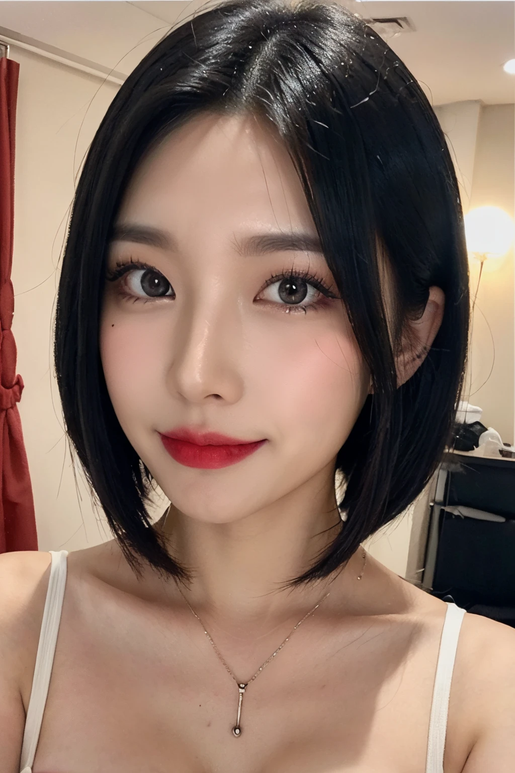Black hair, hair bobbles, longeyelashes, solid circle eyes, light smile, mole under eye, light smile, shy, puckered lips, Surrealism, drop shadow, stereogram, pov, atmospheric perspective, depth of field, first-person view, f/1.8, 8k, super detail, ccurate, best quality, highres, best quality,short cut hair, (beautiful detailed makeup), (sexually aroused blushing heavy breathing:1.0), (soft glow bloom:0.5),mole under eye:1.4,smile:1.5,huge breasts :1.5