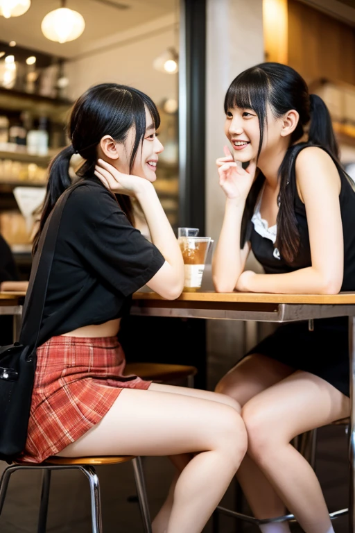 Model-like Japanese university students chatting happily at a cafe.、Sitting on a chair、Very short skirt、I can see my feet from under the desk、cafes、Looking into the distance、ami、portrait shooting、Very detailed face、Face like an idol、One leg raised、Panties are visible、extremely short skirts、slit、Thigh、s ass、Don't look here