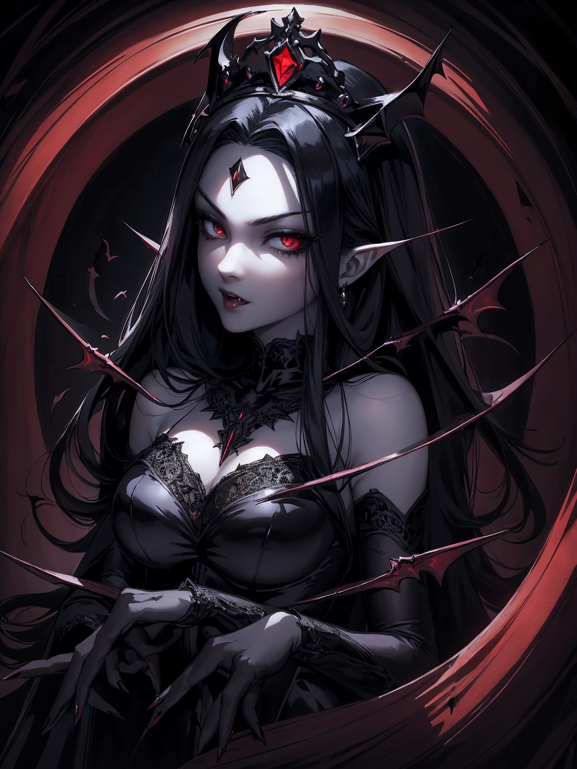 absurdres, ((stunning female Vampire))), goth Renaissance, (long black hair:1.erfect and detailed angular sharp oval shaped face, ((redeyes)), jewelry, red and black tetradic colors, full lips, gothic castle background, (solo), perfect anatomy, approaching perfection, ethereal, intricate details, ultra-high definition, 12k resolution, goth aesthetic, smooth, sharp focus, dreamy, glowing, backlit, glamour, glimmer, fantastical, shadows, smooth, Gothic crown, illustration