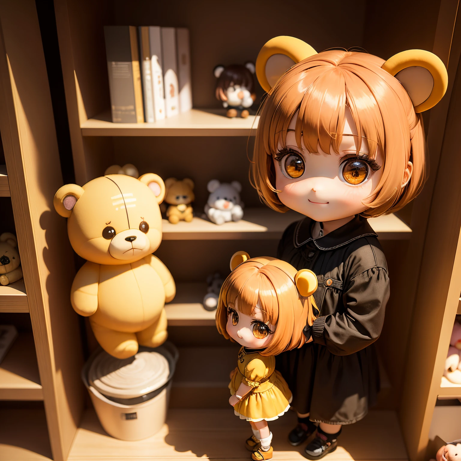 ​masterpiece、top-quality、ultra-detailliert、(Chibi Chara's Daughter:1.3)、1 girl with bear ears、yellow ghost、a smile、Full-body standing figure、//、teddy bear on display shelf、Children's room in the background、