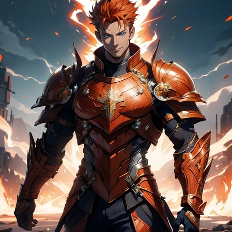 master piece, 8k, ultra detailed, red armor, tall man, muscular man, orange hair, superiority smile, blue eyes, vulcanic eruptio...