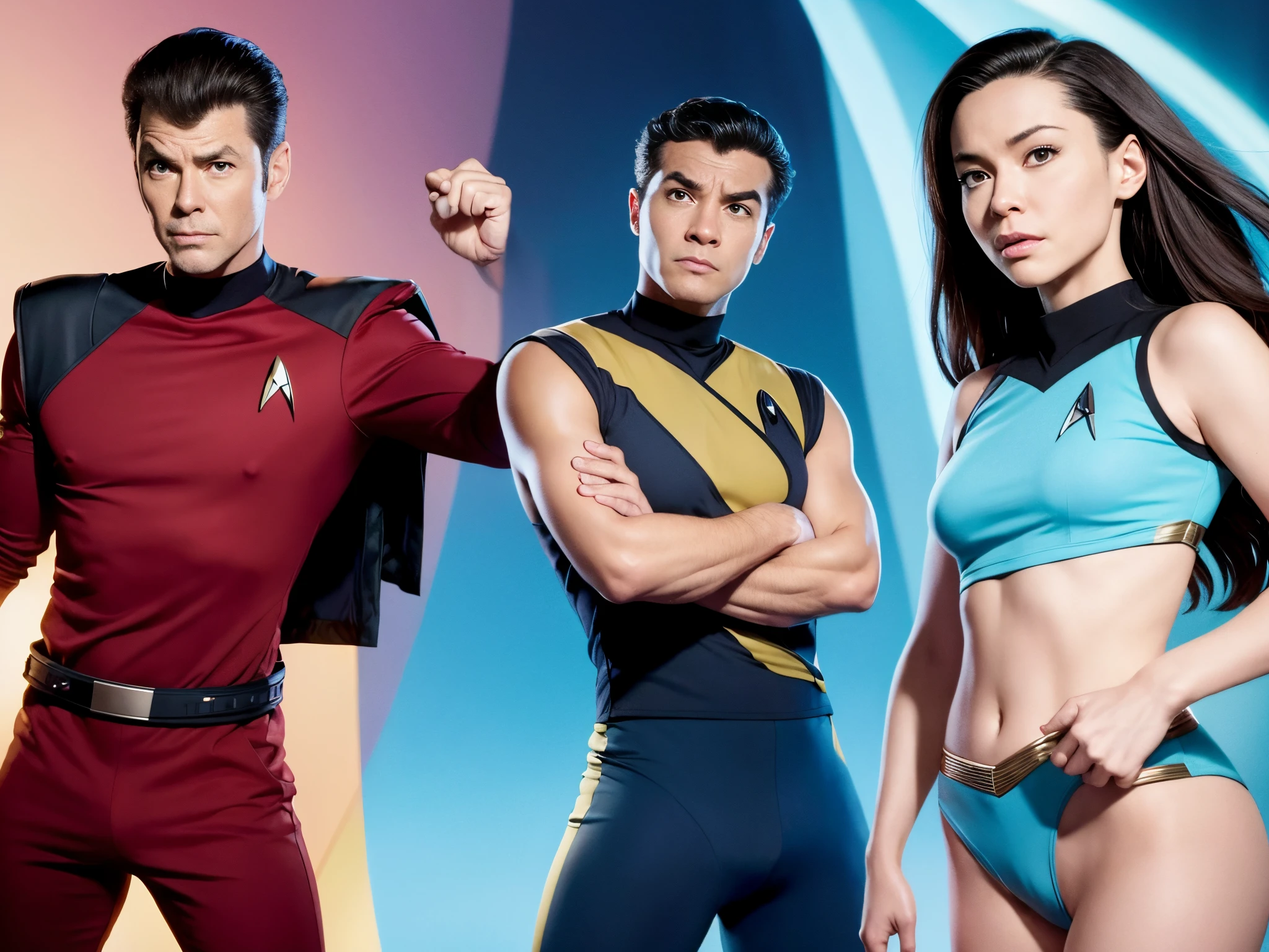 Depict the characters of "Star Trek: The Next Generation" in a playful and exaggerated cartoon style, emphasizing their unique personalities and humorous interactions. Draw inspiration from cartoonists like Mike Mignola or Bruce Timm.