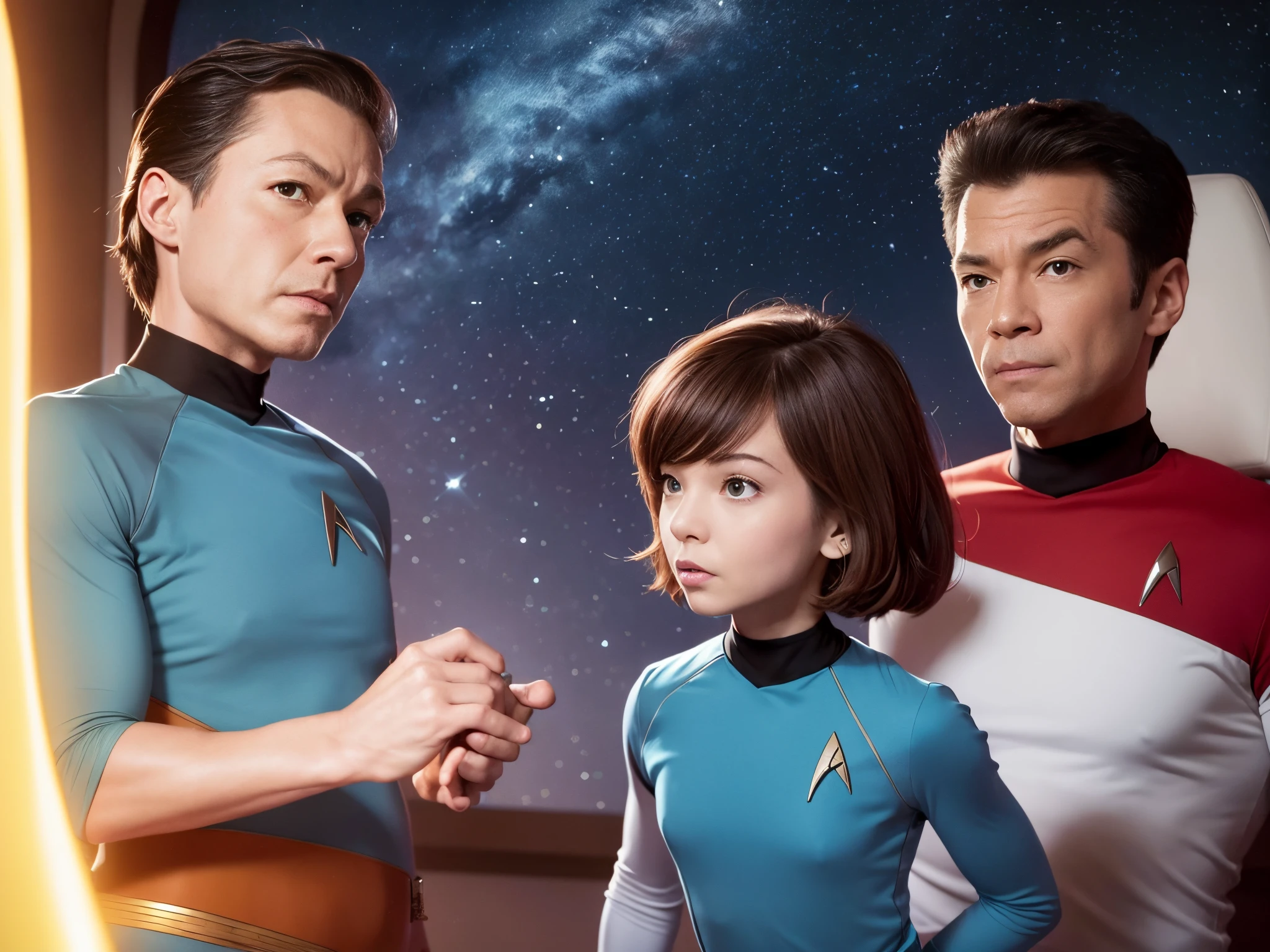 Depict the characters of "Star Trek: The Next Generation" in a playful and exaggerated cartoon style, emphasizing their unique personalities and humorous interactions. Draw inspiration from cartoonists like Mike Mignola or Bruce Timm.