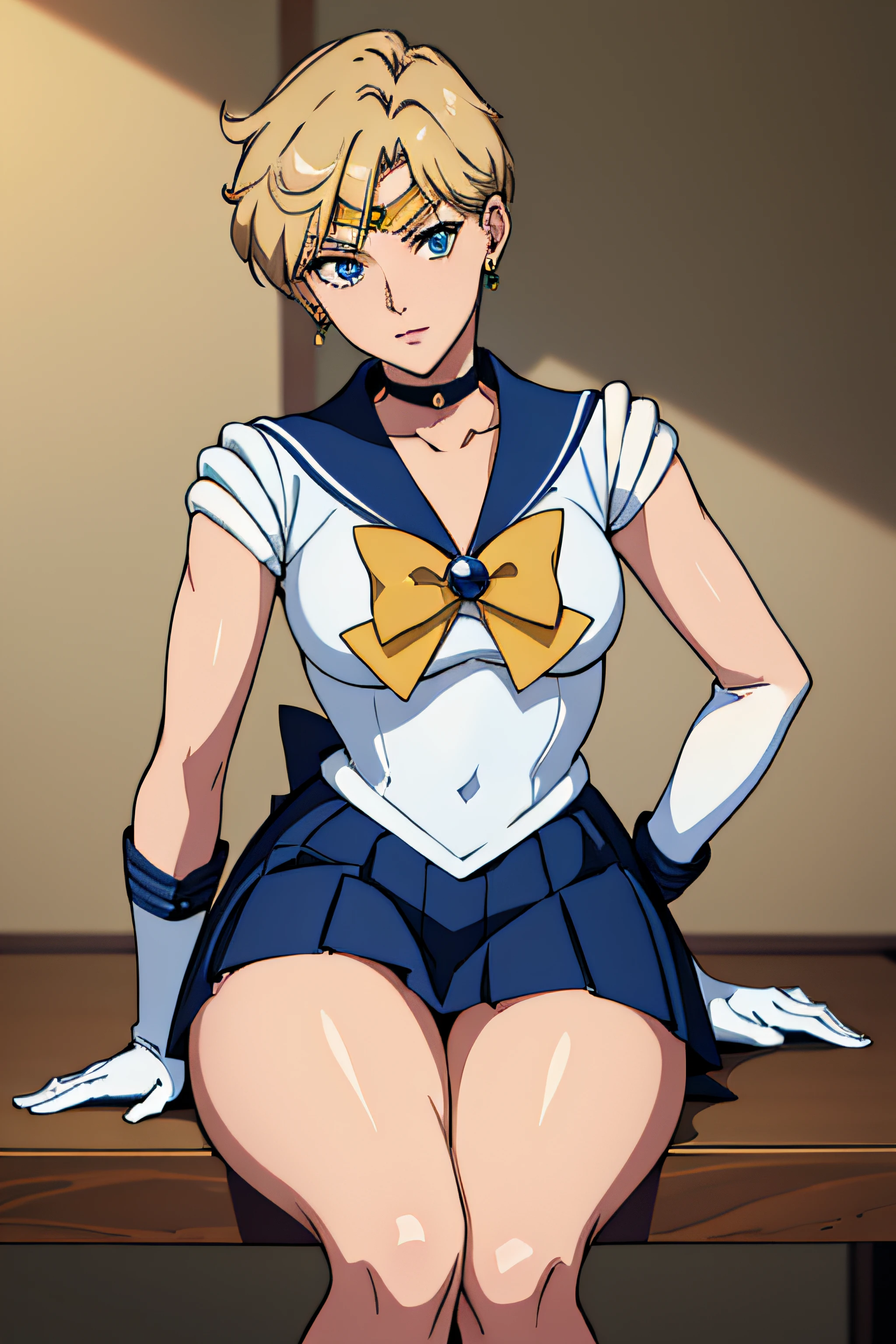 (La mejor calidad:1.1), (Obra maestra:1.4), (absurdos:1.0), retrato, primer plano,1girl, Marinero Urano, KizukiAi, Mujer madura, small breasts, aqua eyes, cabello rubio, Uniforme Sailor Senshi, Collar de marinero, arco de pecho, Arco trasero, Falda suplicante, Guantes blancos de codo, big booty, Ultra minifalda , jewely, Pendientes, falda plisada , Collar marinero azul, minifalda, gargantilla, gargantilla azul, Guantes blancos, pelo corto, jewely, Pendientes, sentada, Piernas cruzadas, muy sexy. PIERNAS ENROSCADAS, Show loot