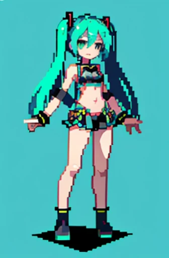 (masterpiece, top quality, best quality), pixel,pixel art,1girl, hatsune miku,full body,