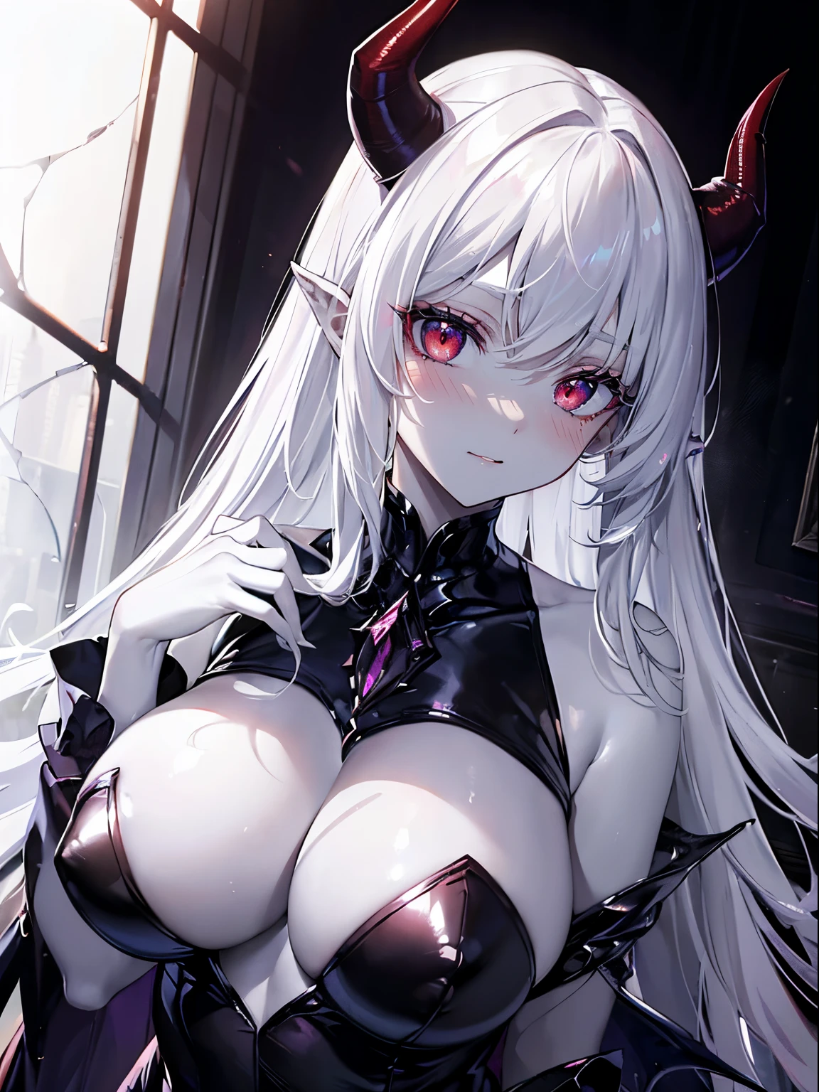 (masterpiece,best quality,ultra-detailed),1girl,evil,horns,demon girl,(succubus),delicate:1.2, beautiful, mystical, surreal, lovecraftian,(seductive),((white skin,pale skin)),grey hair,long hair, curly hair,medium chest, medium body,blushing,smirk,seductive look,red eyes