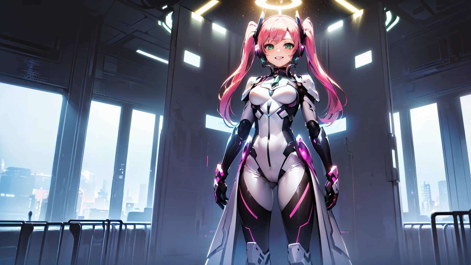 ​hd masterpiece, 1girl, ecchi girl ((20year old, dressed in a futuristic tight mecha body armor, boots, medium breasts:1.3, multicolor pink hair, twin ponytails, perfect model body:1.4, detailed green eyes:1.7, flirting, happy, big smile, wearing headphones, inspired by Yuumei, looking at viewer, cowboy shot:1.3, standing in a spaceship hangar:1.2, windows showing a galaxy in the background:1.3, fun and exciting atmosphere:1.2)) ((solo:1.8)) ((galaxy and stars))