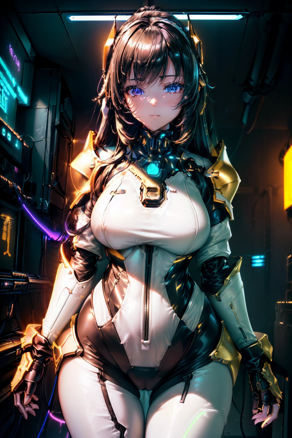 Arknights girl (masterpiece), best quality, expressive eyes, (((in hyper realistic and detailed neon-lit sci-fi plugsuit golden & white armor, aethereal aesthetic style))) beauty korean idoll, intricate perfect beauty cute face, detailed sharp eyes, hyper realistic and detailed hair, (((from face to the waist))), (((beauty slim shape))), 4k, UHD