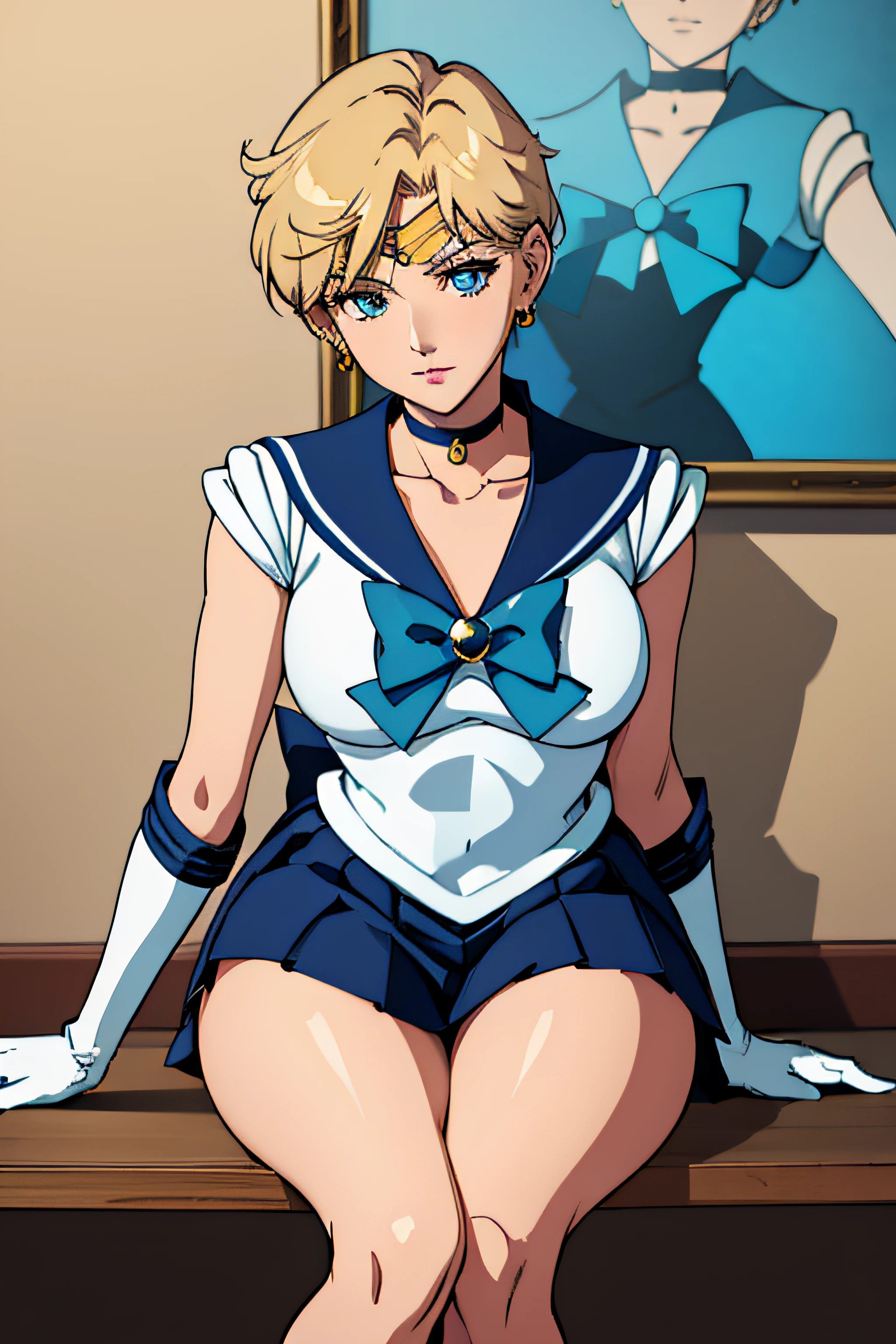 (La mejor calidad:1.1), (Obra maestra:1.4), (absurdos:1.0), retrato, primer plano,1girl, Marinero Urano, KizukiAi, Mujer madura, small breasts, aqua eyes, cabello rubio, Uniforme Sailor Senshi, Collar de marinero, arco de pecho, Arco trasero, Falda suplicante, Guantes blancos de codo, big booty, Ultra minifalda , jewely, Pendientes, falda plisada , Collar marinero azul, minifalda, gargantilla, gargantilla azul, Guantes blancos, pelo corto, jewely, Pendientes, sentada, Piernas cruzadas, muy sexy. PIERNAS ENROSCADAS, Show loot
