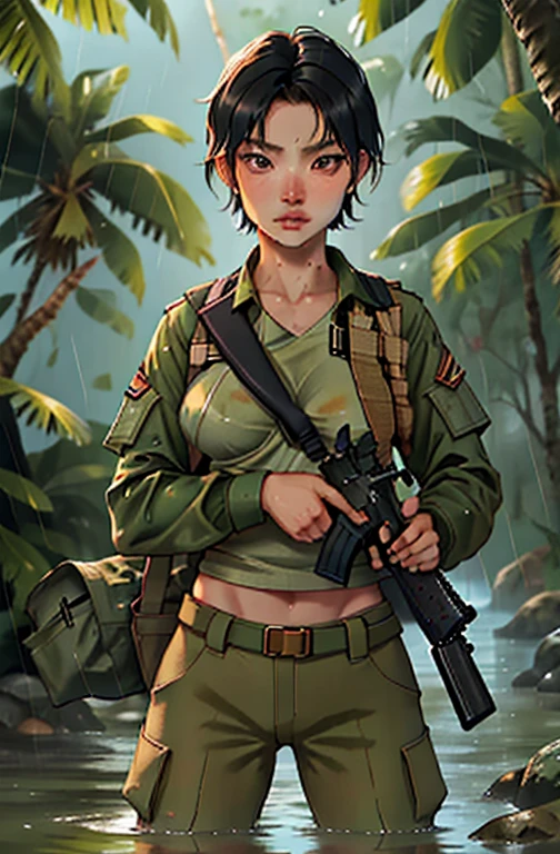 1girl, Filipina soldier girl, age 23, beautiful face, mature face, tanned bronze skin, sexy, small breast,(b cup), soldier sexy, torn military soldier outfit,full body wet water,in jungle, short black wet hair,rain, heavy rain, hold a gun, sniper, pistol ,and bag military, soldier girl, fully body shot