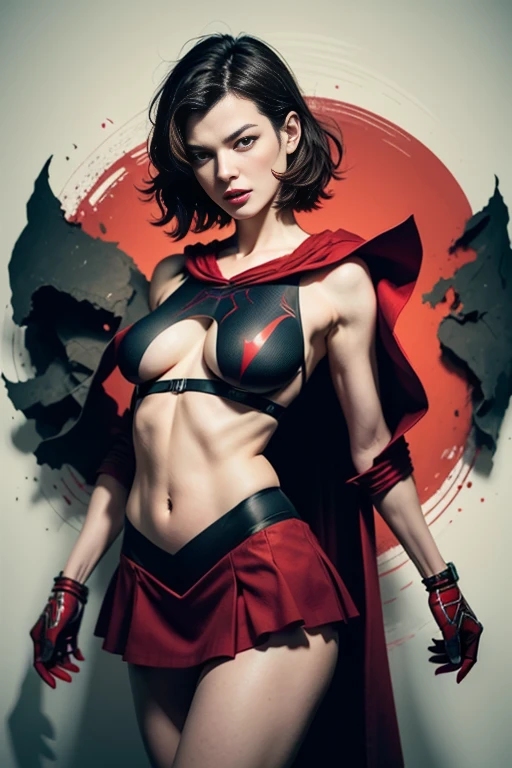 Milla Jovovich、Sticking out the navel、newyork、She wears a torn Spider-Man suit,wearing skirt、 Red and black color scheme,Dynamic、masterpiece、top-quality、ultra-detailliert、ighly detailed、beautiful detailed brilliance、超A high resolution
