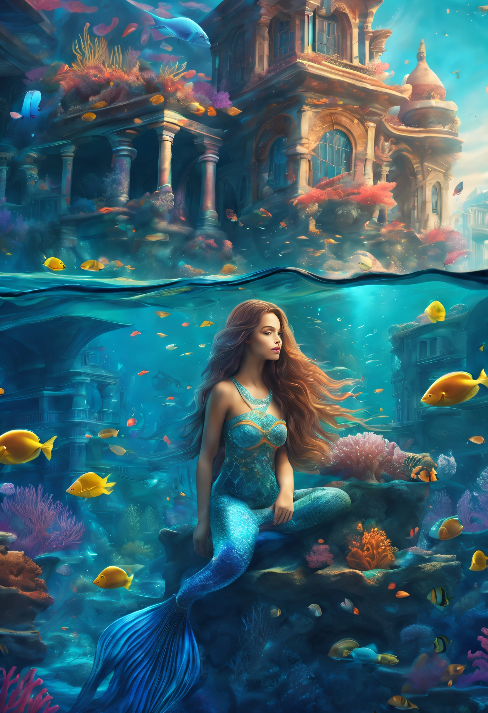 beautiful detailed girl in an underwater city, mesmerizing underwater view, vibrant marine life, colorful corals and fishes, shimmering sunlight, exquisite details of girl's flowing hair, mermaid-like tail, magnificent architecture, surreal atmosphere, dreamy and ethereal art style, vibrant and saturated colors, captivating lighting, best quality, ultra-detailed, realistic