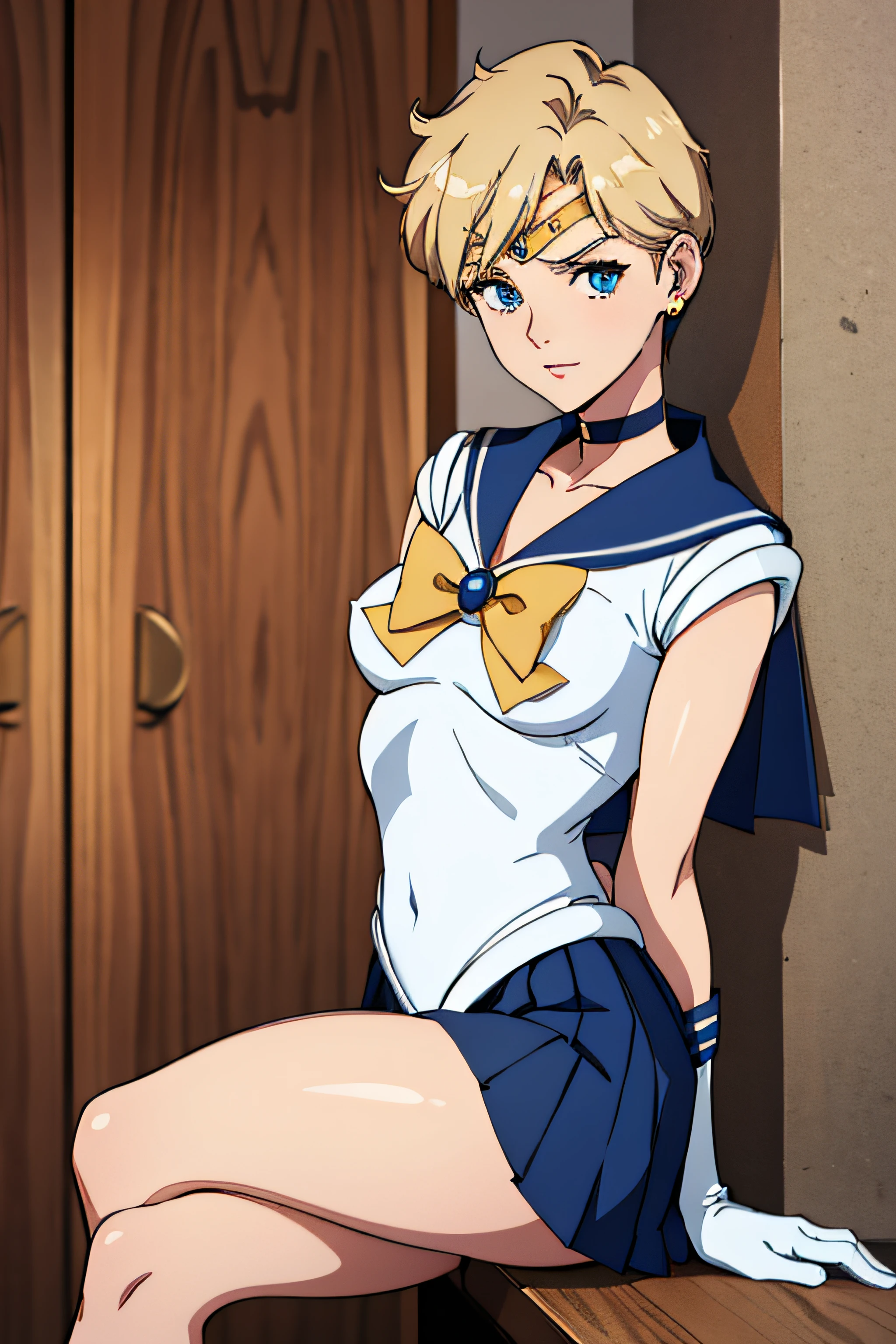 (La mejor calidad:1.1), (Obra maestra:1.4), (absurdos:1.0), retrato, primer plano,1girl, Marinero Urano, KizukiAi, Mujer madura, small breasts, aqua eyes, cabello rubio, Uniforme Sailor Senshi, Collar de marinero, arco de pecho, Arco trasero, Falda suplicante, Guantes blancos de codo, big booty, Ultra minifalda , jewely, Pendientes, falda plisada , Collar marinero azul, minifalda, gargantilla, gargantilla azul, Guantes blancos, pelo corto, jewely, Pendientes, sentada, Piernas cruzadas, muy sexy. PIERNAS ENROSCADAS, Show loot