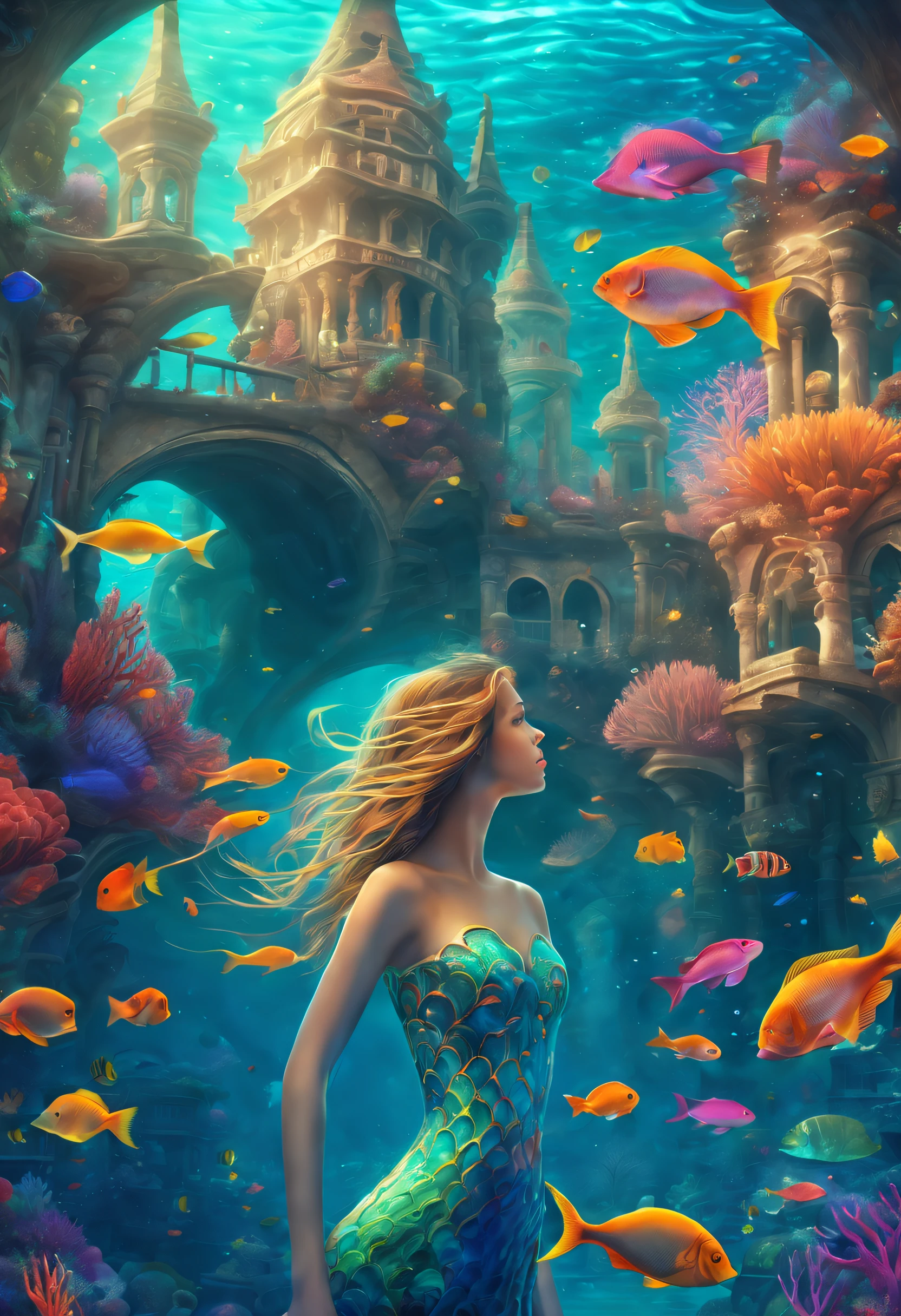 beautiful detailed girl in an underwater city, mesmerizing underwater view, vibrant marine life, colorful corals and fishes, shimmering sunlight, exquisite details of girl's flowing hair, mermaid-like tail, magnificent architecture, surreal atmosphere, dreamy and ethereal art style, vibrant and saturated colors, captivating lighting, best quality, ultra-detailed, realistic