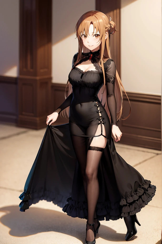 anime, highly detailed face, highly detailed eyes, highly detailed background, perfect lighting, full body, 1girl, solo, Asuna Yuuki, asuna, formal, indoors, smile, black short dress, black heels, cleavage, tiara, jewelry, hair bun, frilled skirt, see-through, black thighhighs, long light brown hair, absurdres, high res, ultrasharp, 8K, masterpiece, looking at viewer, black sword