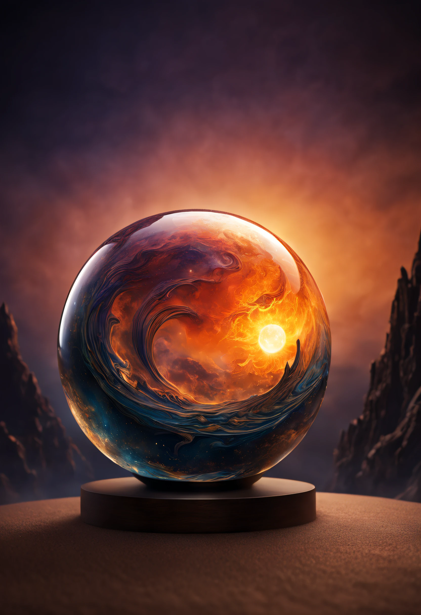 a magnificent sunset on a strange and mysterious alien glass sphère style planete. It's very textured and detailed with dreaming lot of whirlwind and dreaming dust