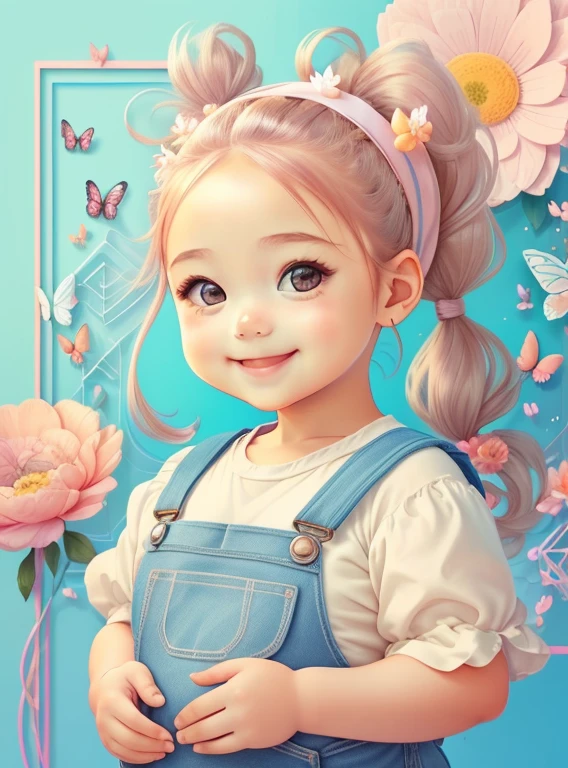 (cute chubby baby girl smiling with ponytails wearing overalls, flowers, butterflies) Munchkin, Geometric multidimensional wall portrait, livro de arte, Tchibi,
Yang08k, Beautiful, Colouring,
Obras, of the highest quality, best quality, Arte Oficial, Beautiful and Aesthetic,