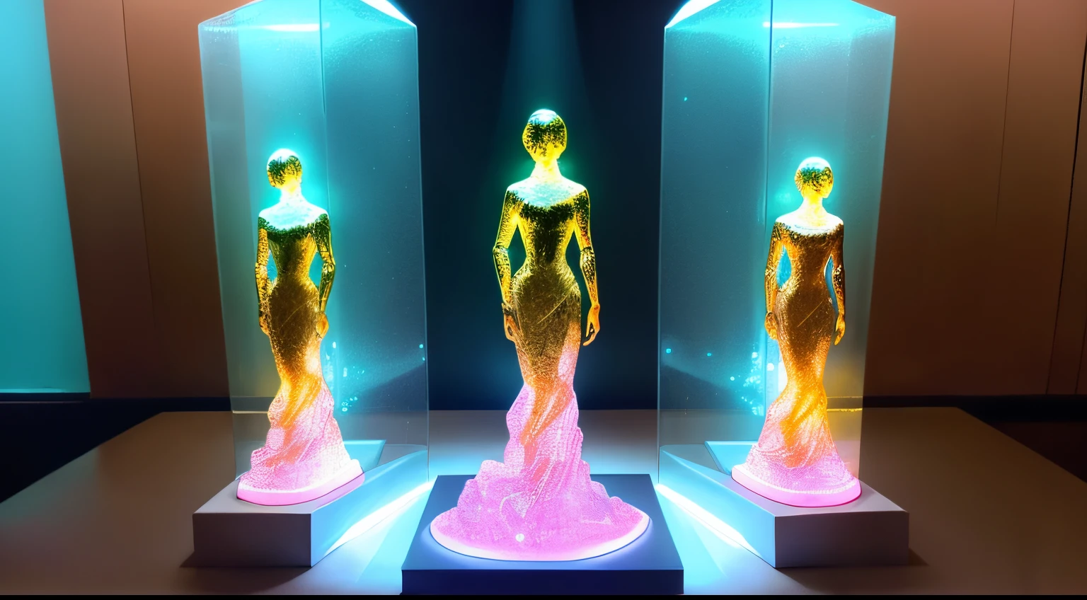 estatua de vidro de gengiskhan, bioluminescencia amarela e azul interna, glass translucid yellow and blue