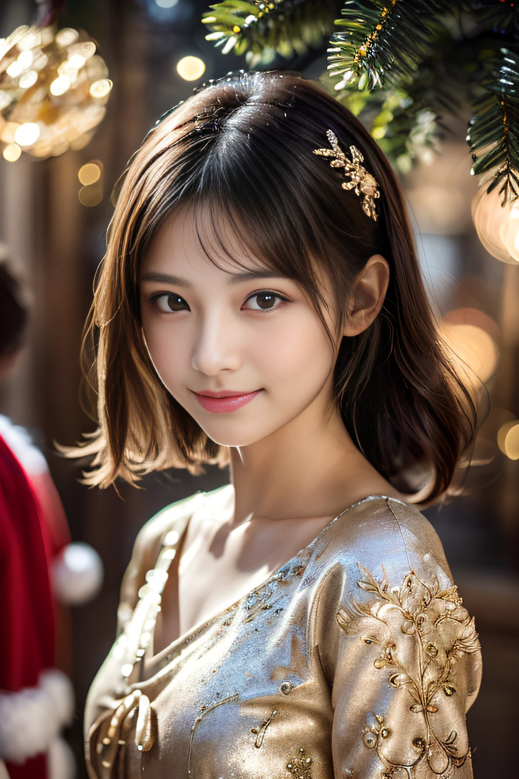 (masutepiece:1.3), (8K), (Best Quality:1.4), (nffsw:1.2), (Photorealistic:1.3),( Raw photography), (1girl in), (ultra high detailed), (Detailed face), Very perfect beautiful and cute face, (detailed hairs), Beautiful hair, Bangs, (Symmetrical eyes:1.3), (Detailed eyes), (Detailed skin), Realistic skin, Shiny skin, Ultra high definition, (medium breasts:0.7), (slim figure), (Supermodel Figures), Gentle smile:1.2, (Very beautiful and cute young girl with a Japan with a gentle look), 

(Wearing intricate costumes in high fashion Christmas colors:1.5, Intricately embroidered short dress with glitter, Inspired by Versace:1.3), 
Christmas tree, In the illuminated party room, (cowboys_shot)