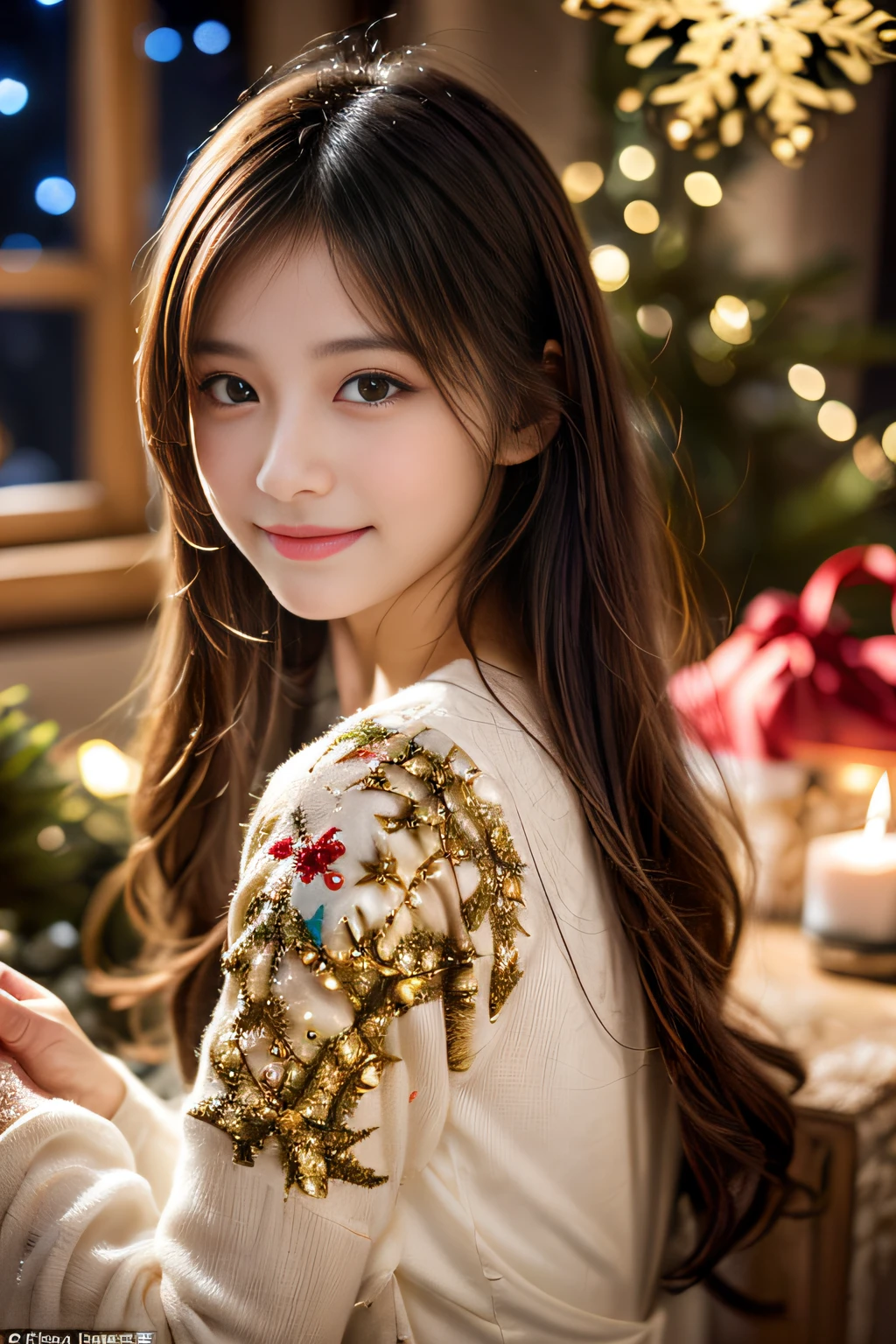 (masutepiece:1.3), (8K), (Best Quality:1.4), (nffsw:1.2), (Photorealistic:1.3),( Raw photography), (1girl in), (ultra high detailed), (Detailed face), Very perfect beautiful and cute face, (detailed hairs), Beautiful hair, Bangs, (Symmetrical eyes:1.3), (Detailed eyes), (Detailed skin), Realistic skin, Shiny skin, Ultra high definition, (medium breasts:0.7), (slim figure), (Supermodel Figures), Gentle smile:1.2, (Very beautiful and cute young girl with a Japan with a gentle look), 

(Wearing intricate costumes in high fashion Christmas colors:1.5, Intricately embroidered short dress with glitter, Inspired by Versace:1.3), 
Christmas tree, In the illuminated party room, (cowboys_shot)